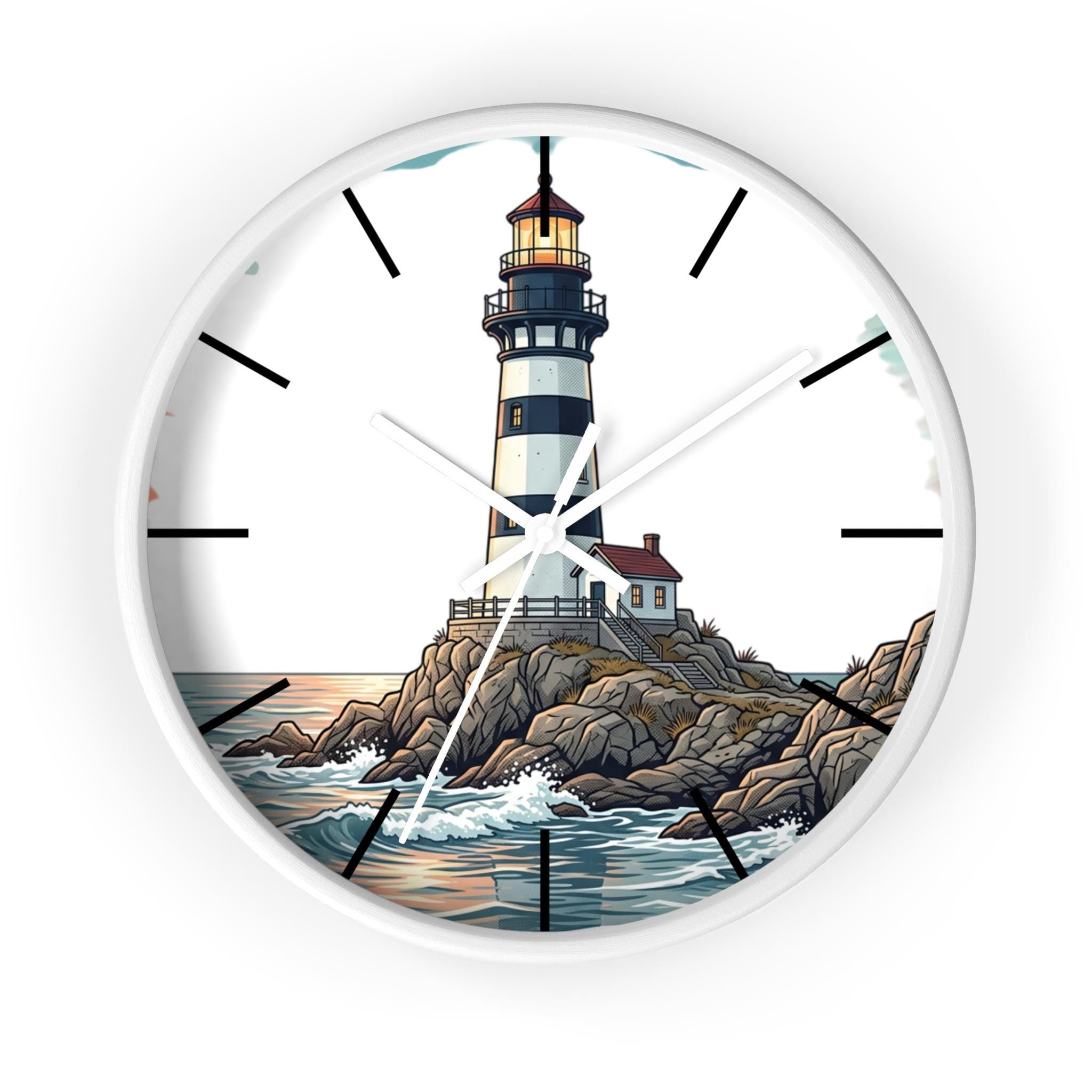 Lighthouse Illustration Wall Clock, Coastal Decor, Silent Mechanism, 10 Inch Plexiglass Face