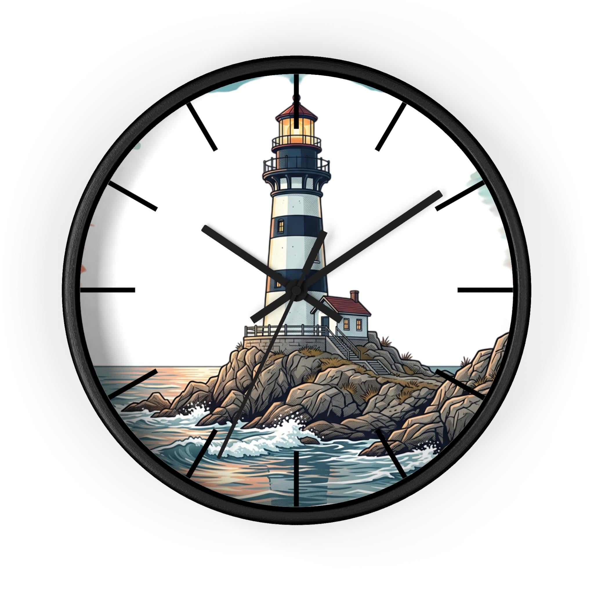 Lighthouse Illustration Wall Clock, Coastal Decor, Silent Mechanism, 10 Inch Plexiglass Face