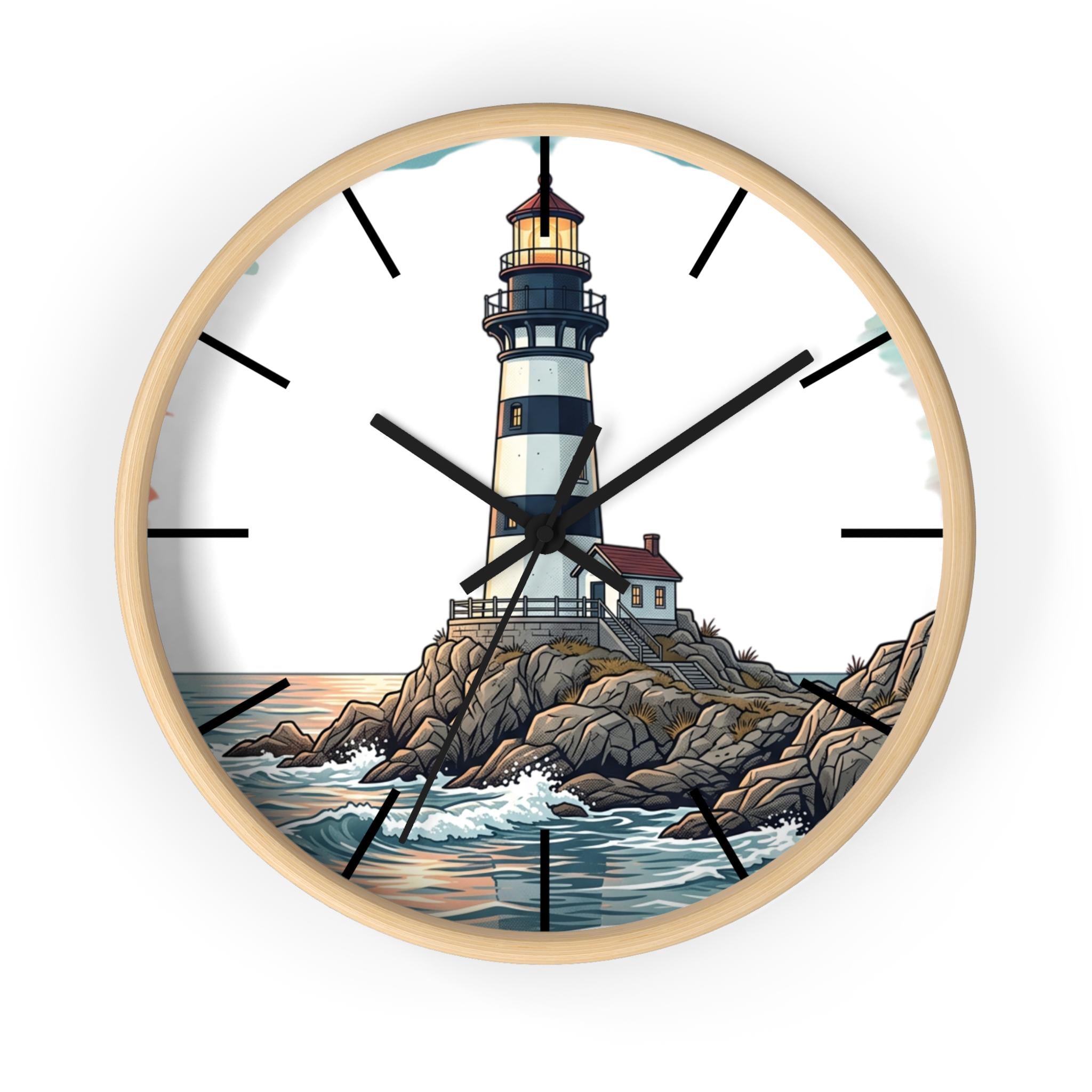 Lighthouse Illustration Wall Clock, Coastal Decor, Silent Mechanism, 10 Inch Plexiglass Face