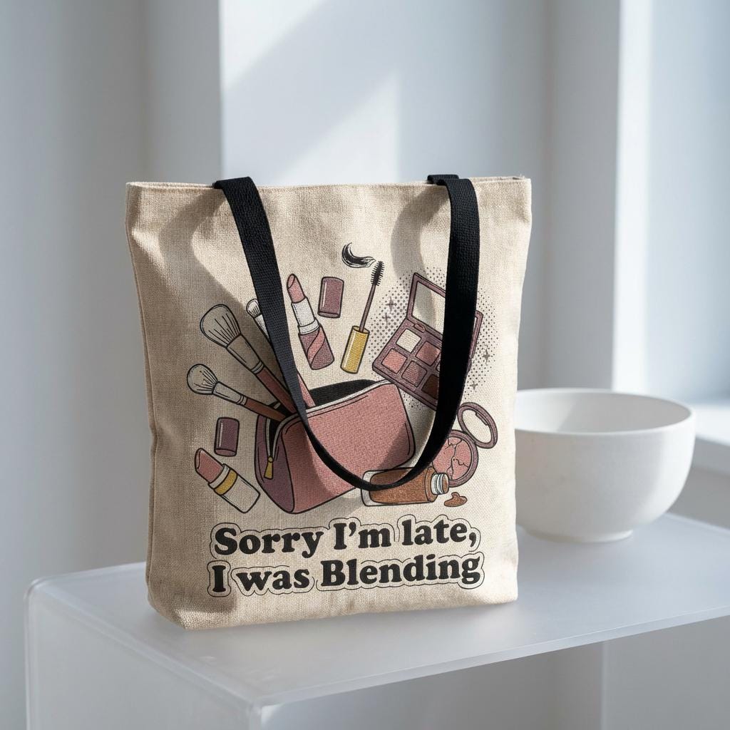Makeup Bag Illustration Woven Tote | Cosmetic Brushes Palette Cross Stitch Style