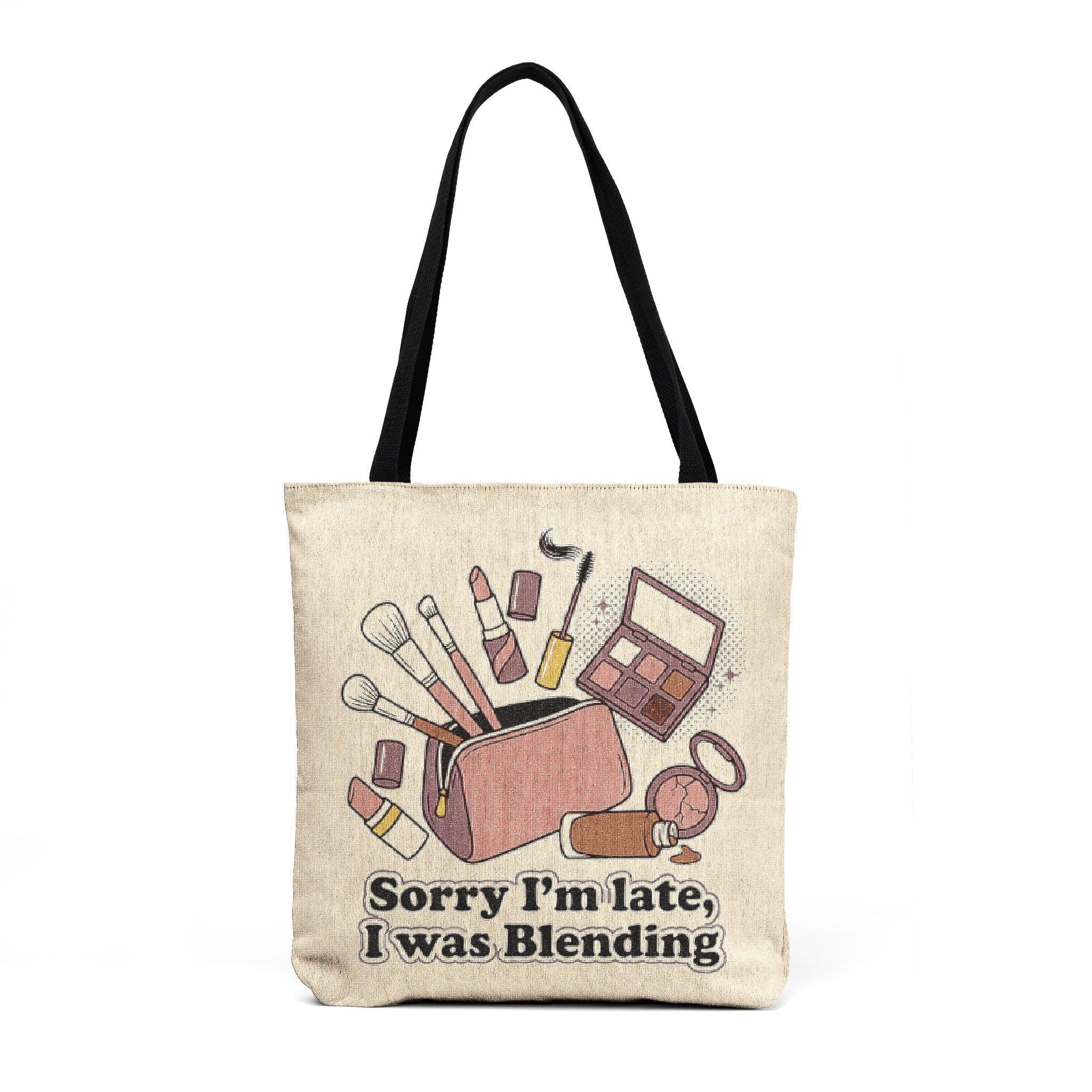 Makeup Bag Illustration Woven Tote | Cosmetic Brushes Palette Cross Stitch Style