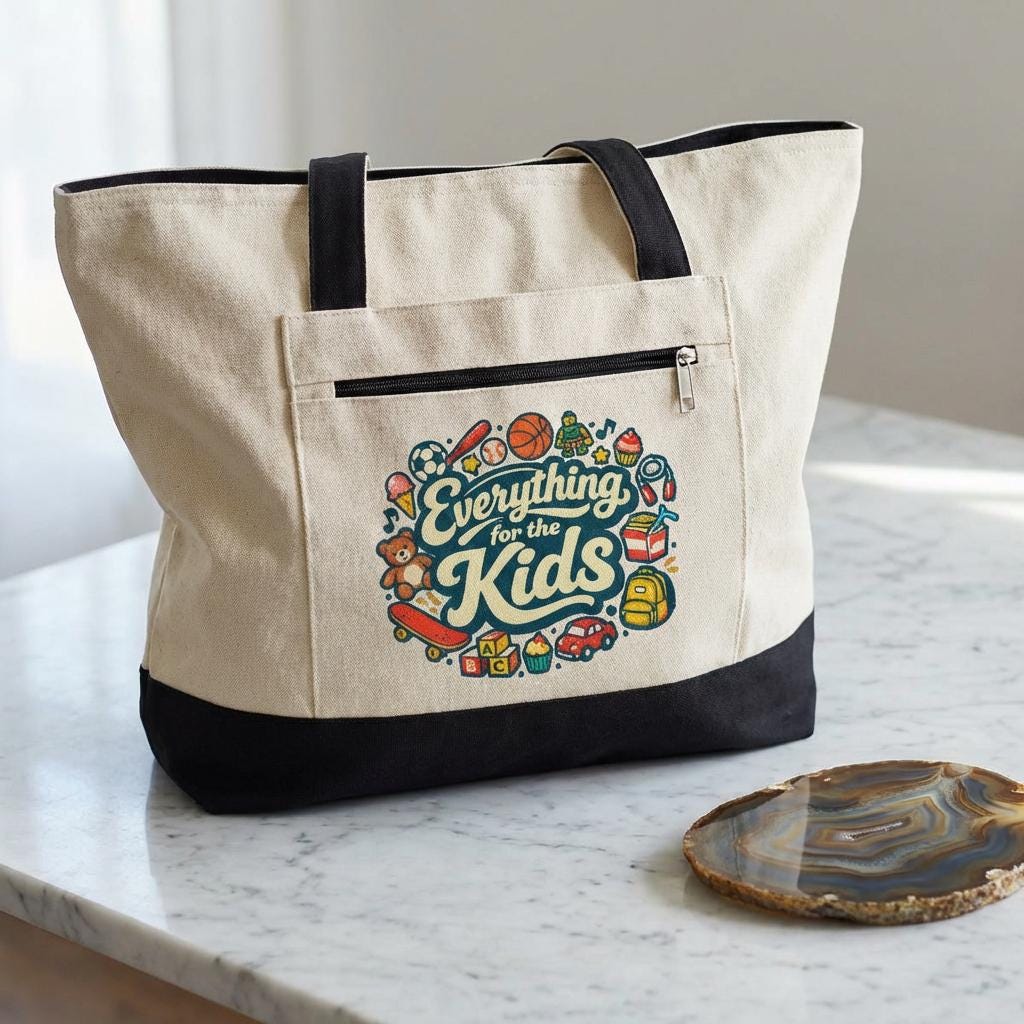 Everything for the Kids Zippered Canvas Tote | Kids Supplies Illustration