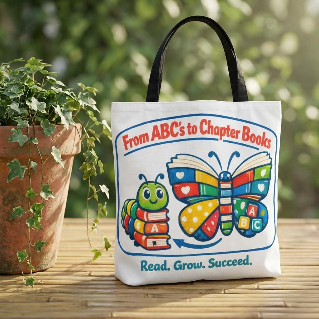 From ABCs to Chapter Books Tote Bag | Read Grow Succeed kids literacy