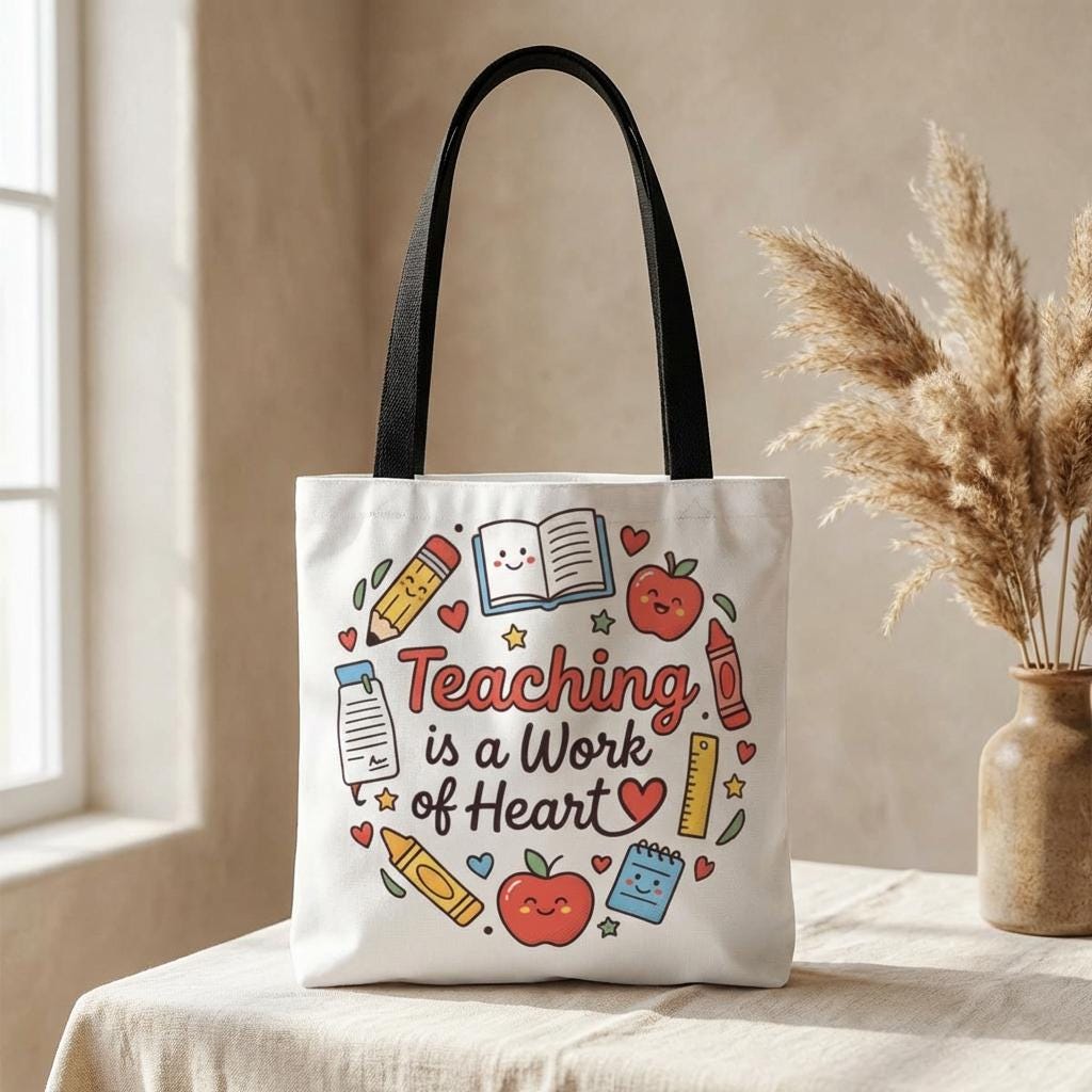 Teaching Is a Work of Heart tote bag | Teacher apple school design