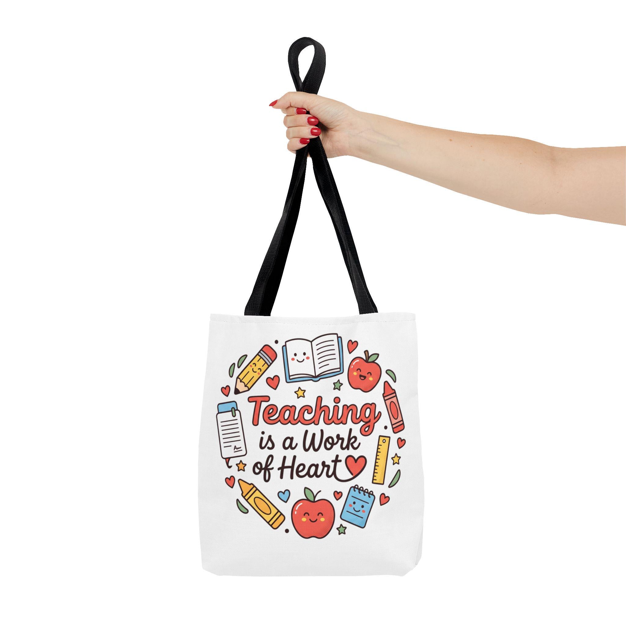 Teaching Is a Work of Heart tote bag | Teacher apple school design
