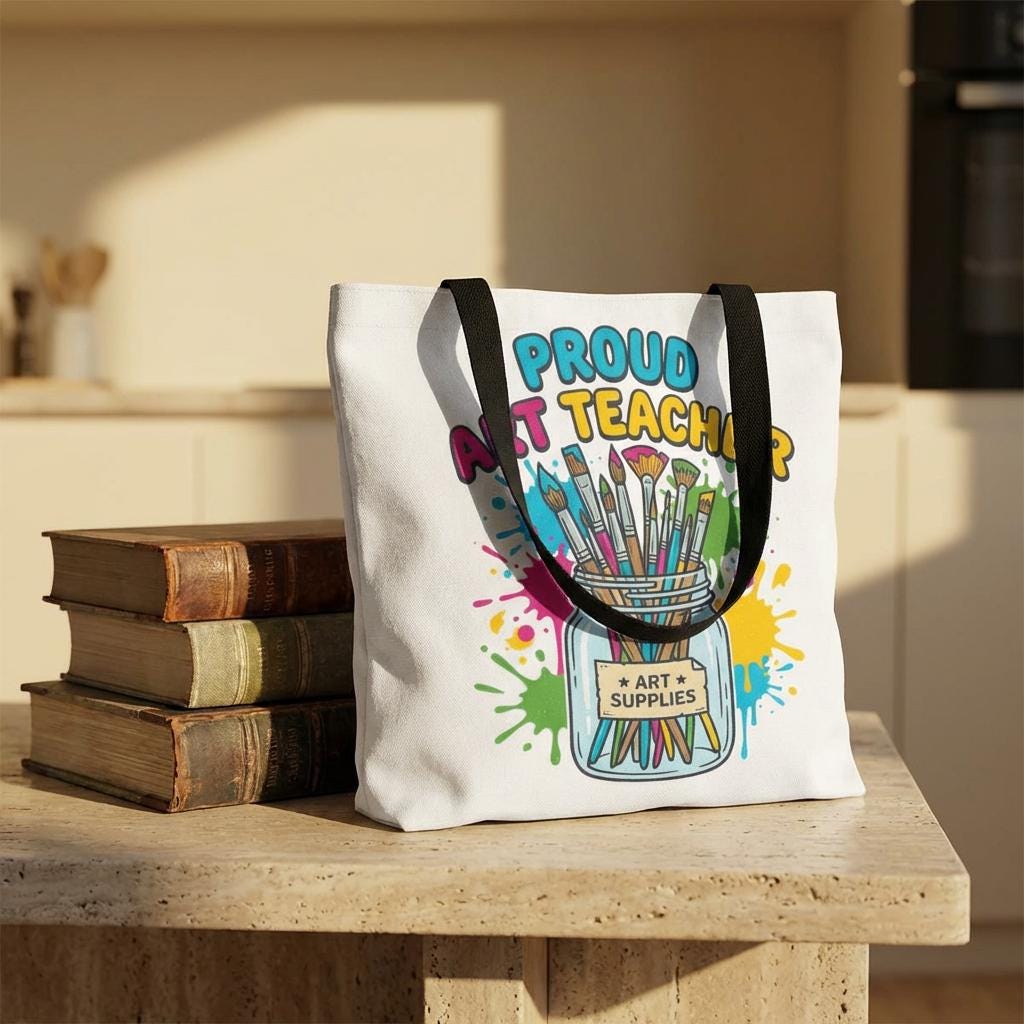 Proud Art Teacher tote bag | art supplies jar paintbrushes splatter