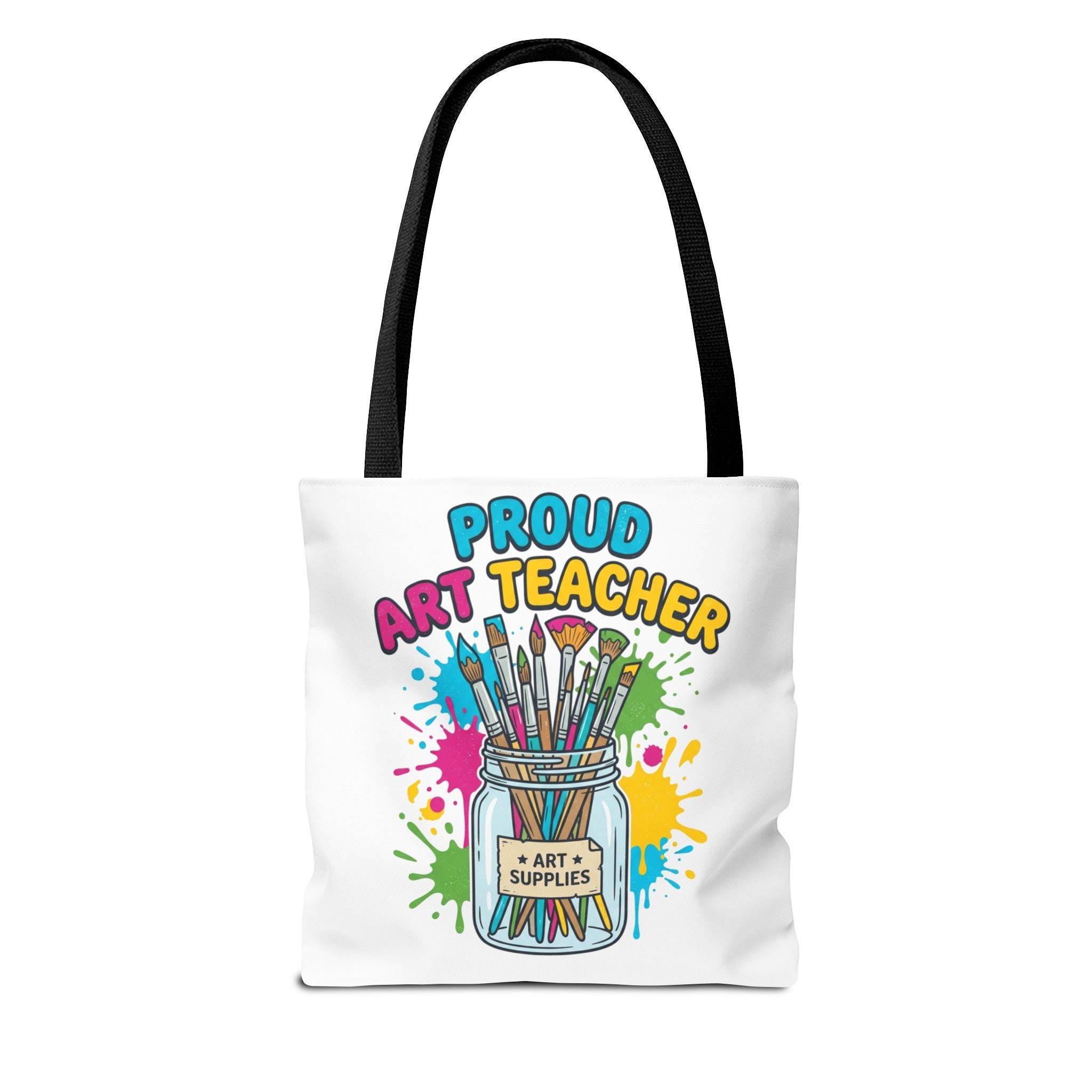 Proud Art Teacher tote bag | art supplies jar paintbrushes splatter