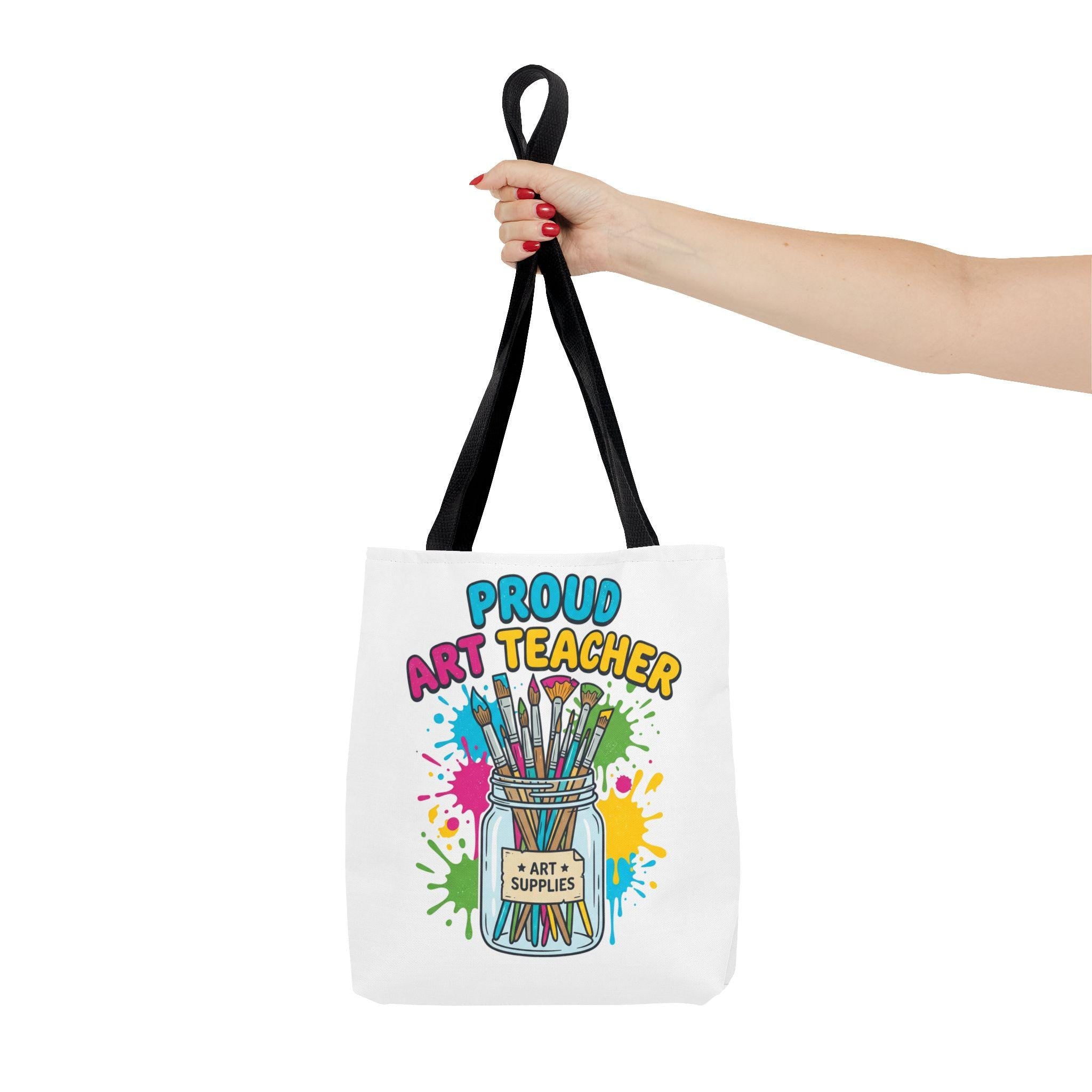 Proud Art Teacher tote bag | art supplies jar paintbrushes splatter