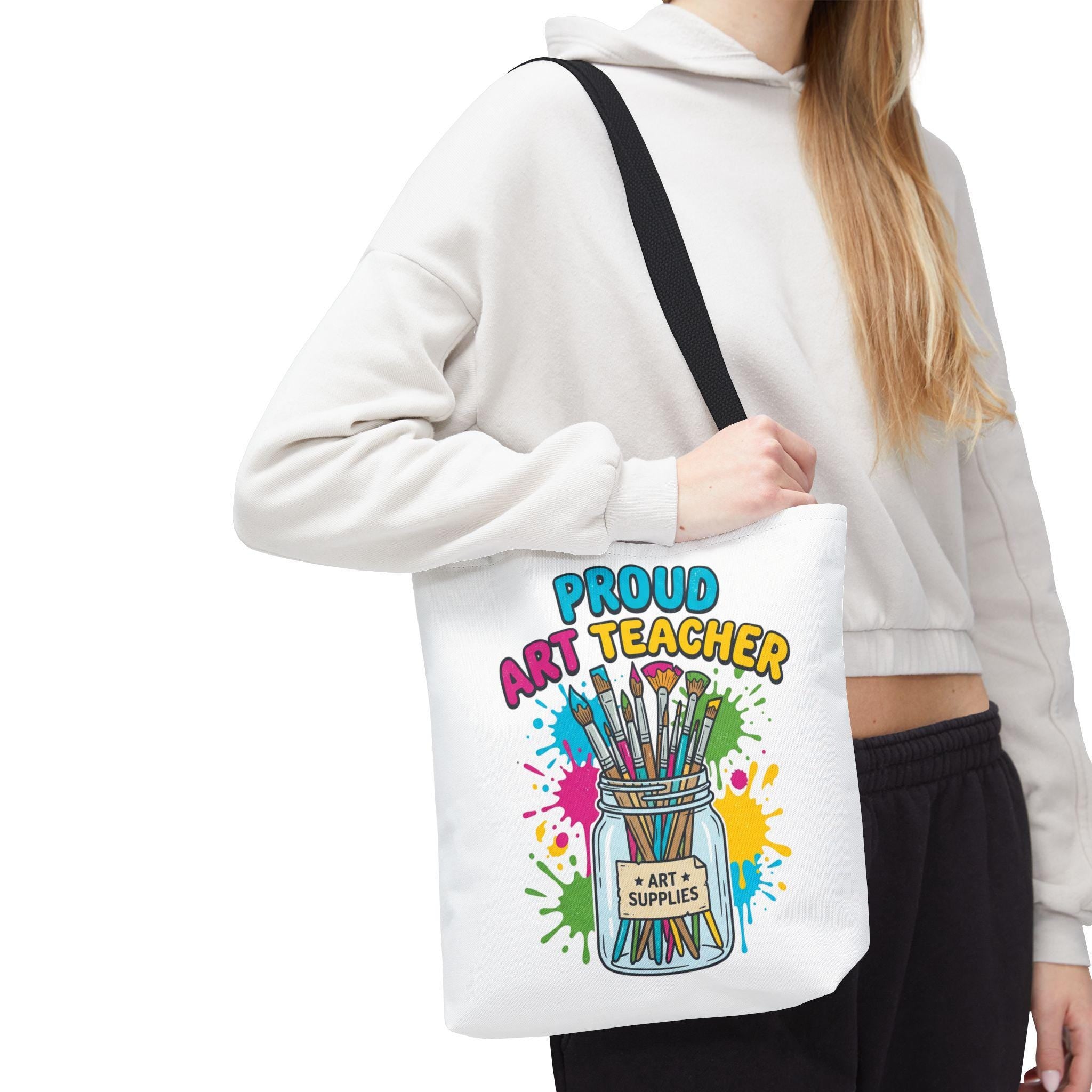 Proud Art Teacher tote bag | art supplies jar paintbrushes splatter