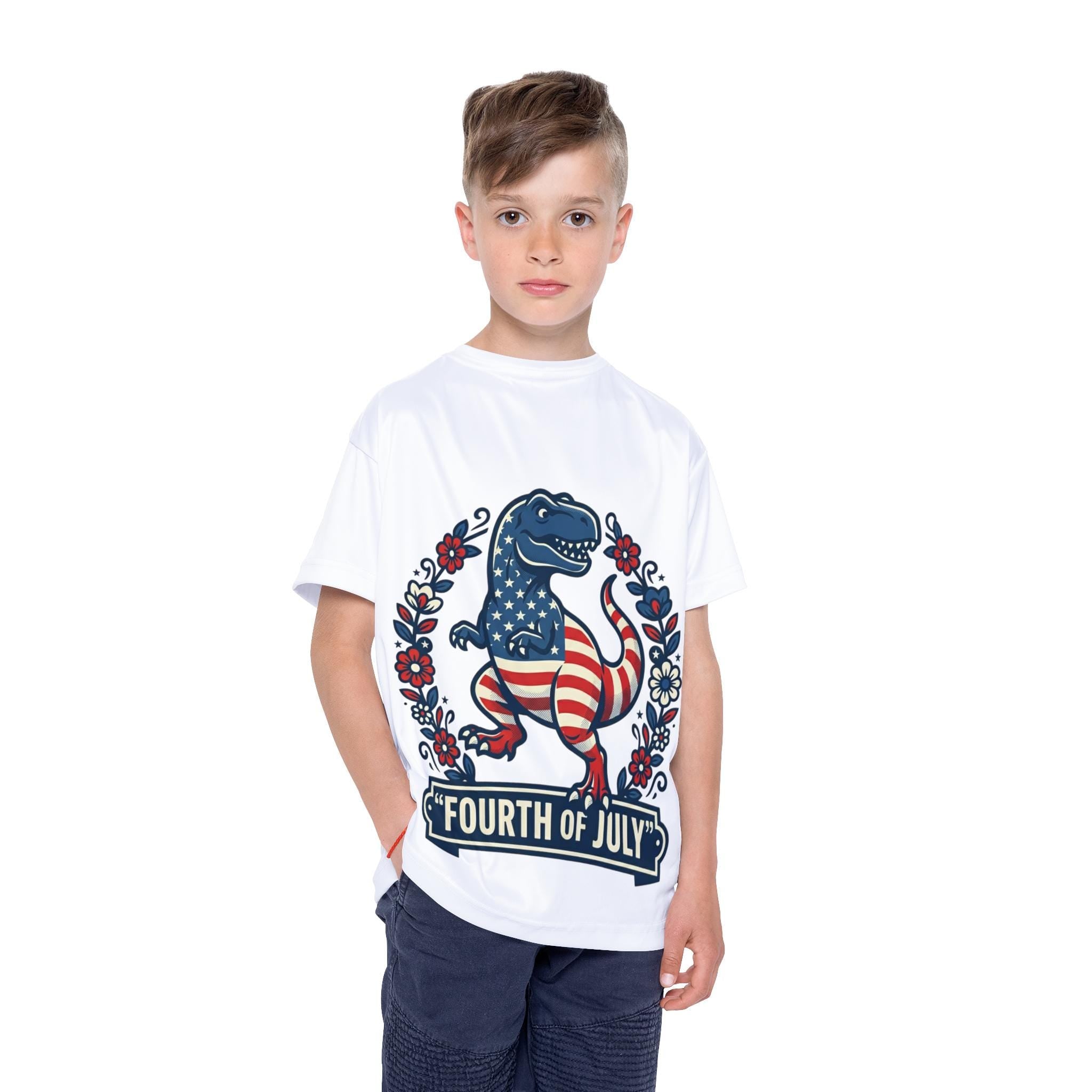 Kids Patriotic T-Rex Fourth of July Jersey | Performance Fabric Shirt