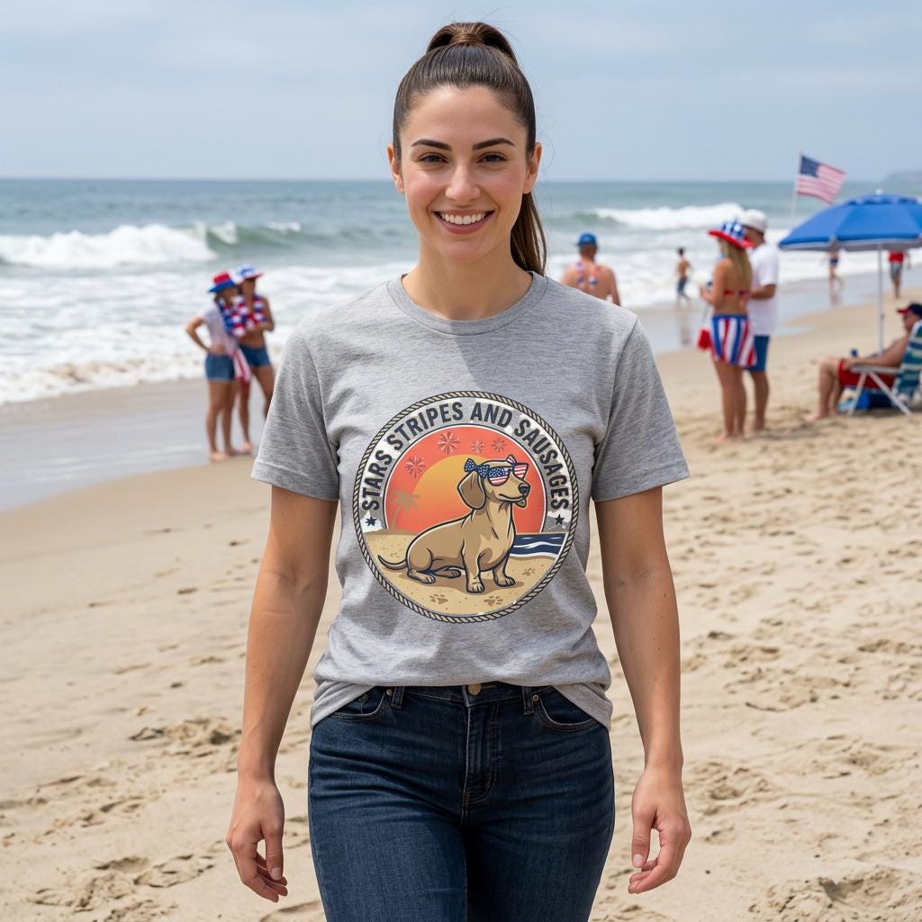 Dachshund Beach Sunset Tee | Stars Stripes and Sausages