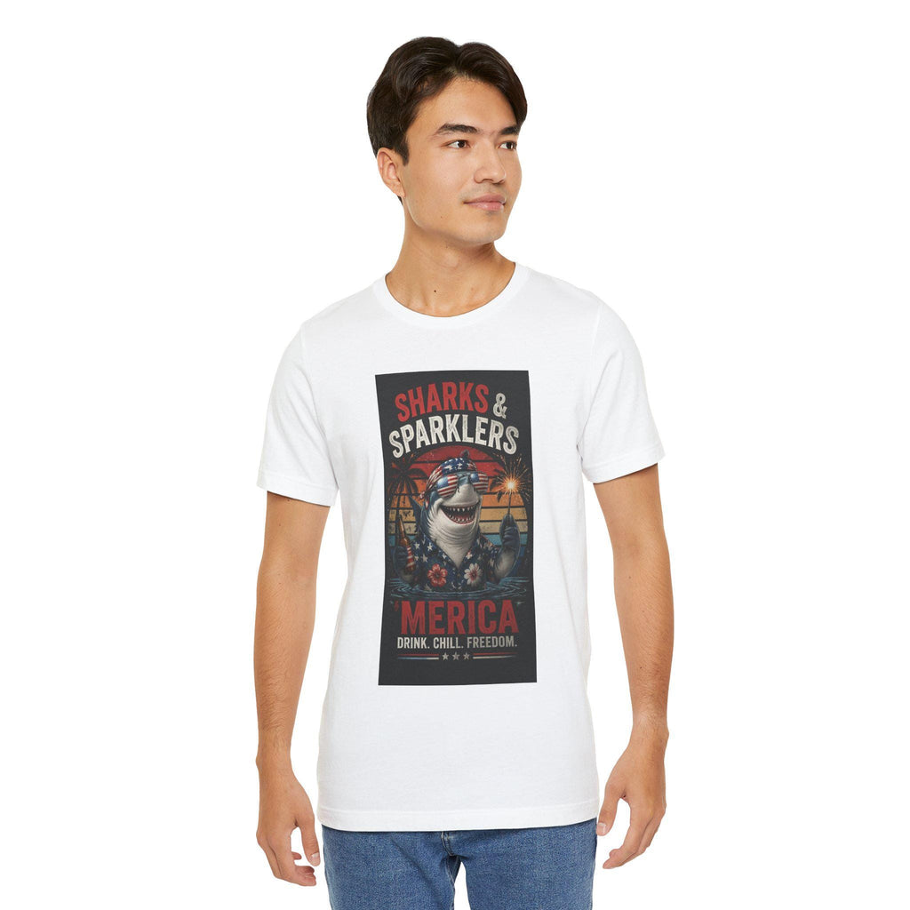 Sharks & Sparklers T-Shirt | Merica Patriotic Shark Summer Tee