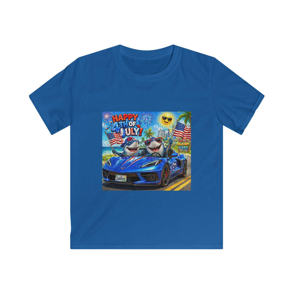 Happy 4th of July Shark Driving Corvette Kids Tee | Patriotic Fourth of July Shirt
