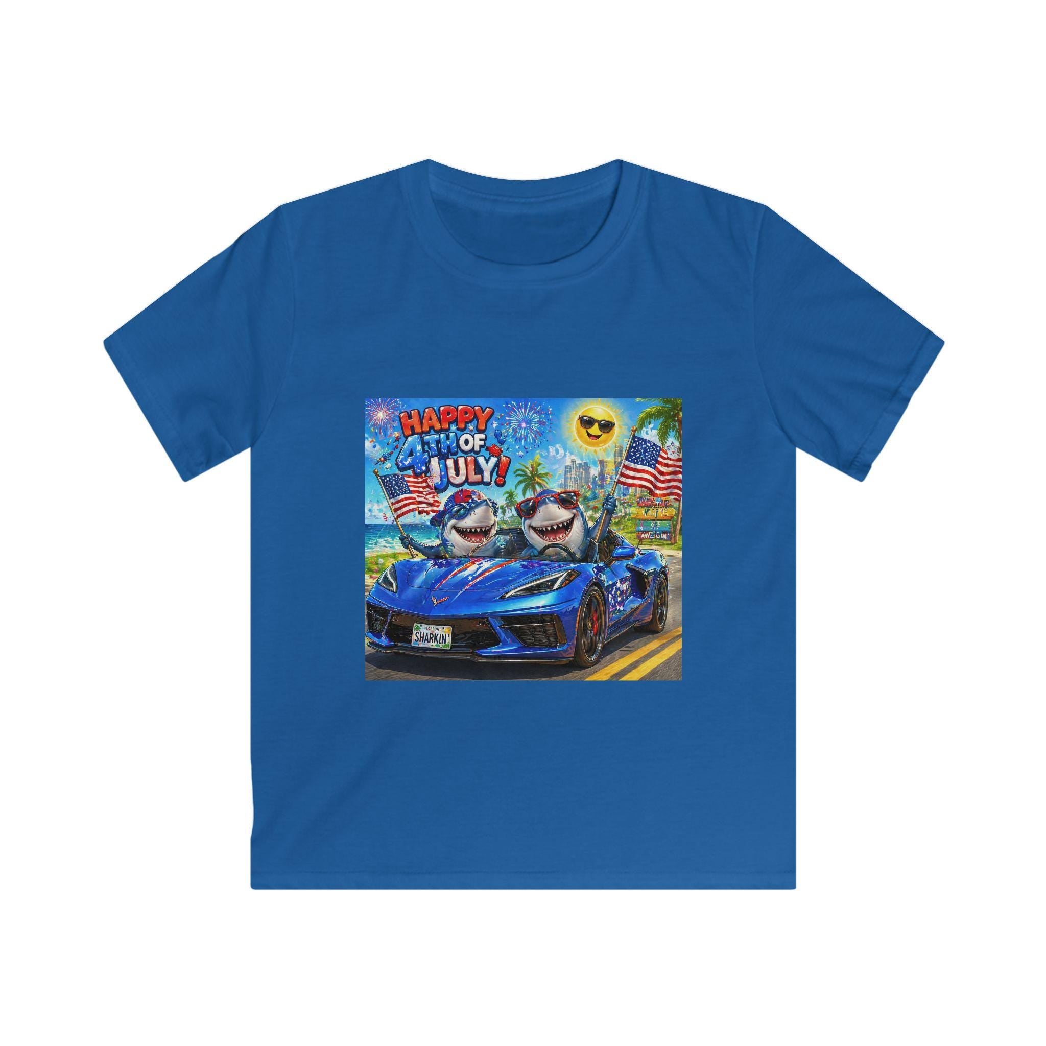 Happy 4th of July Shark Driving Corvette Kids Tee | Patriotic Fourth of July Shirt