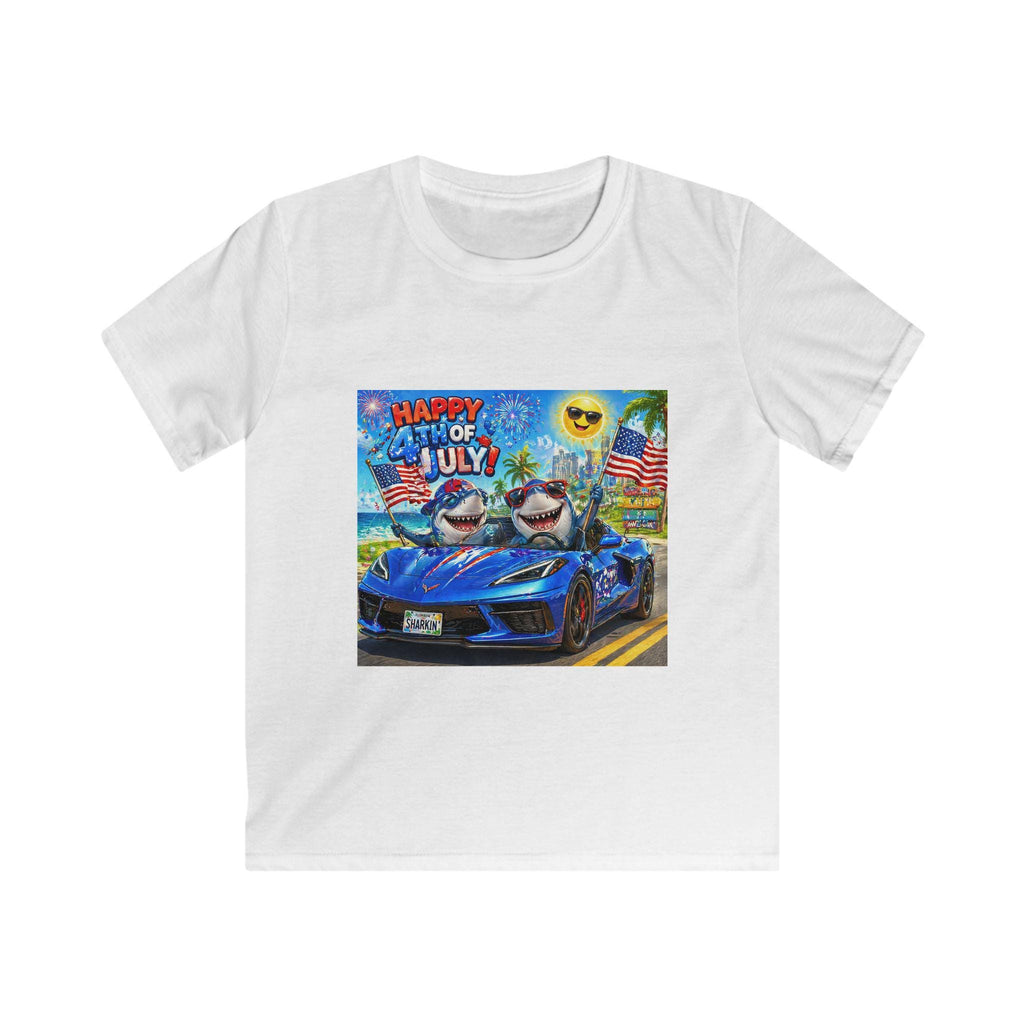 Happy 4th of July Shark Driving Corvette Kids Tee | Patriotic Fourth of July Shirt