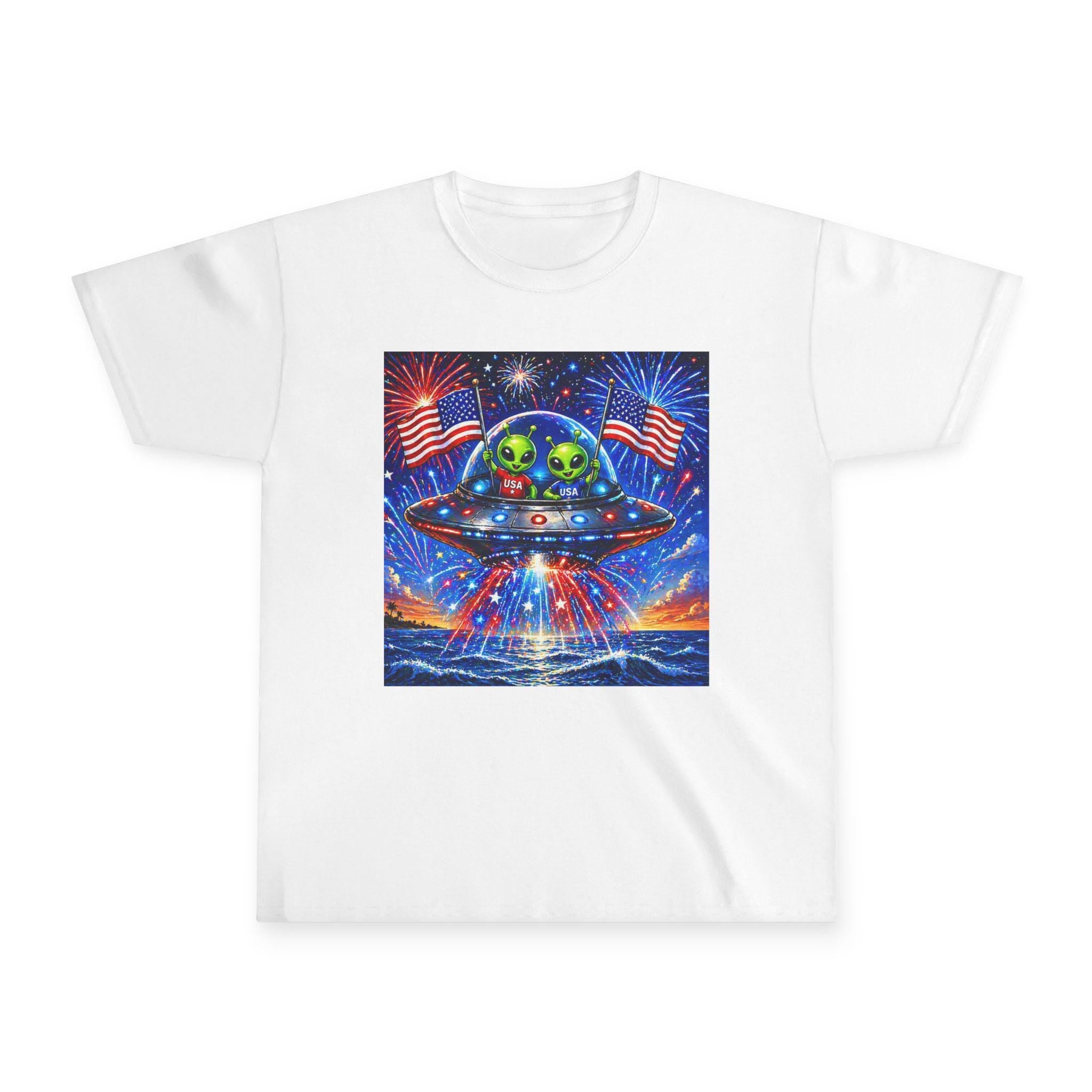 Alien UFO with American Flags Youth Tee | Patriotic Fourth of July Space