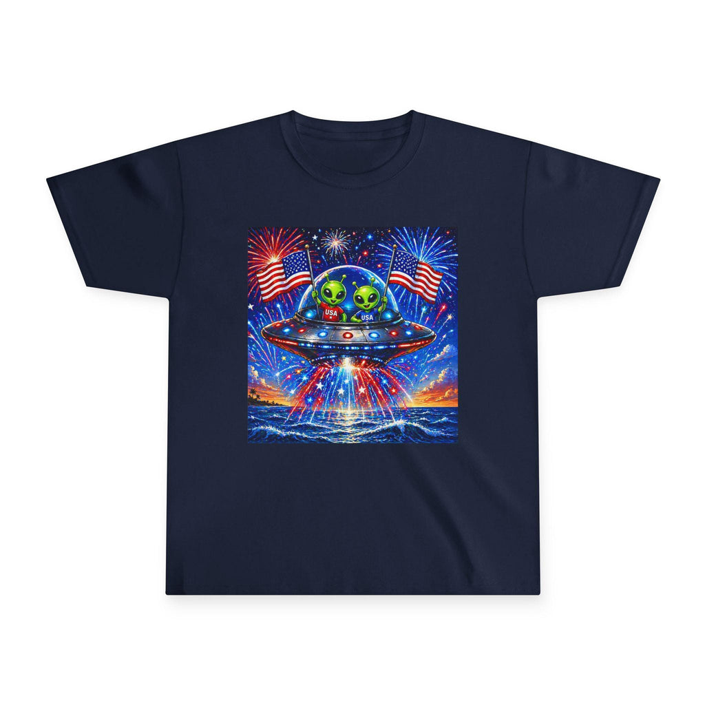 Alien UFO with American Flags Youth Tee | Patriotic Fourth of July Space