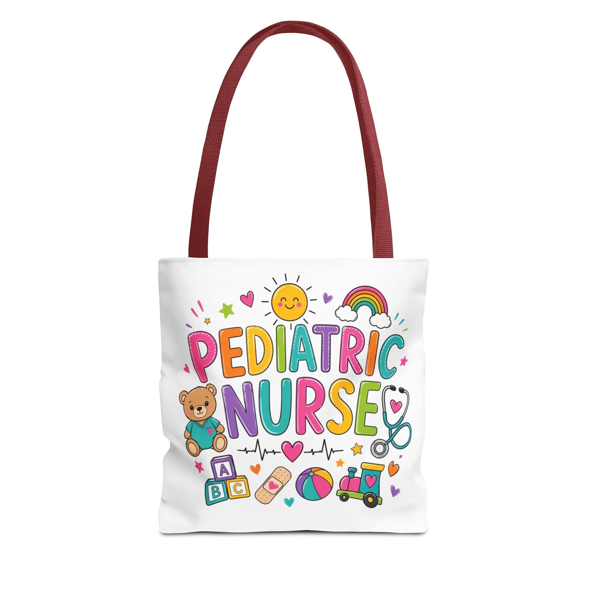 Pediatric Nurse colorful lettering tote | Cute kids medical icons, teddy, stethoscope