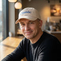 Classic embroidered script Dad Cap | white baseball hat, blue lettering