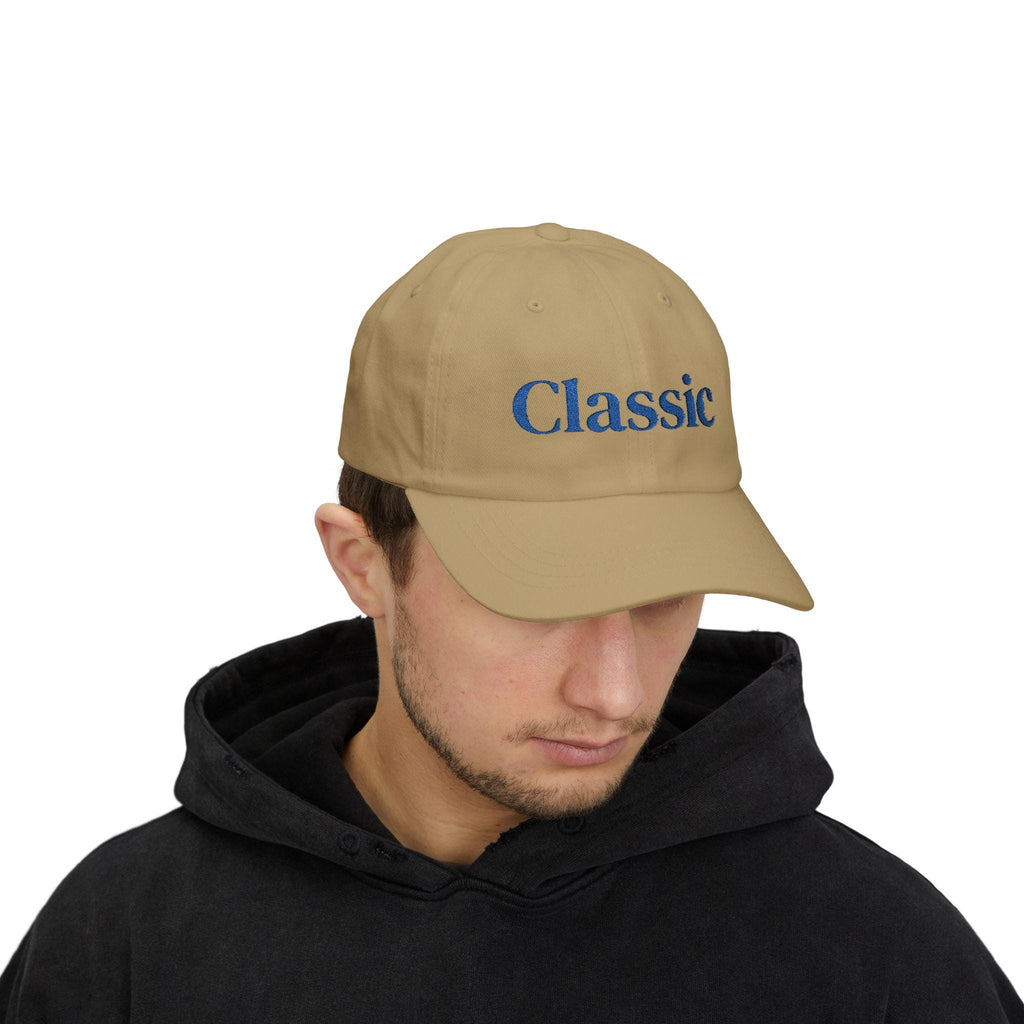 Classic embroidered script Dad Cap | white baseball hat, blue lettering
