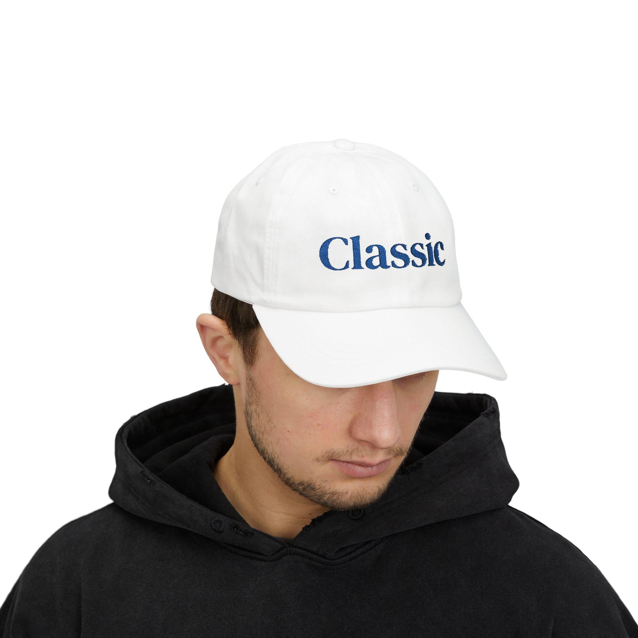Classic embroidered script Dad Cap | white baseball hat, blue lettering