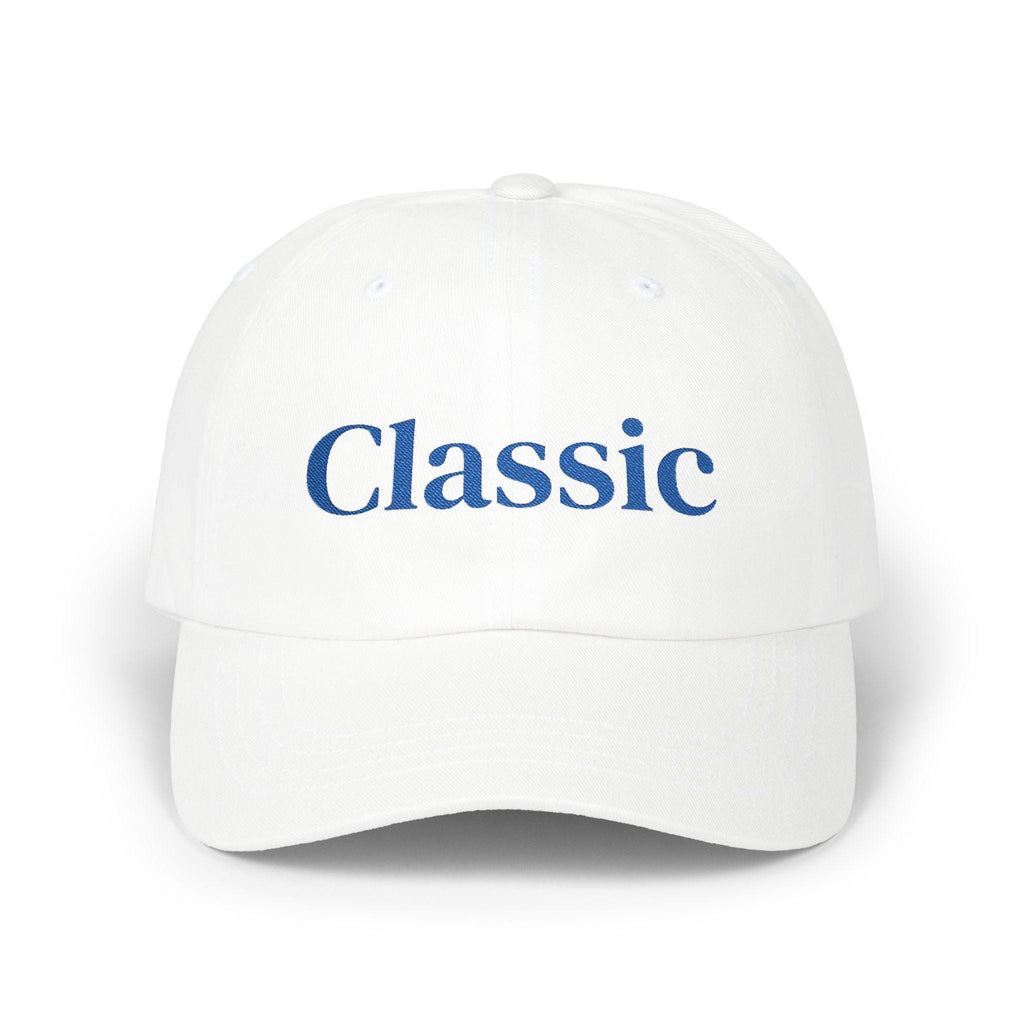 Classic embroidered script Dad Cap | white baseball hat, blue lettering