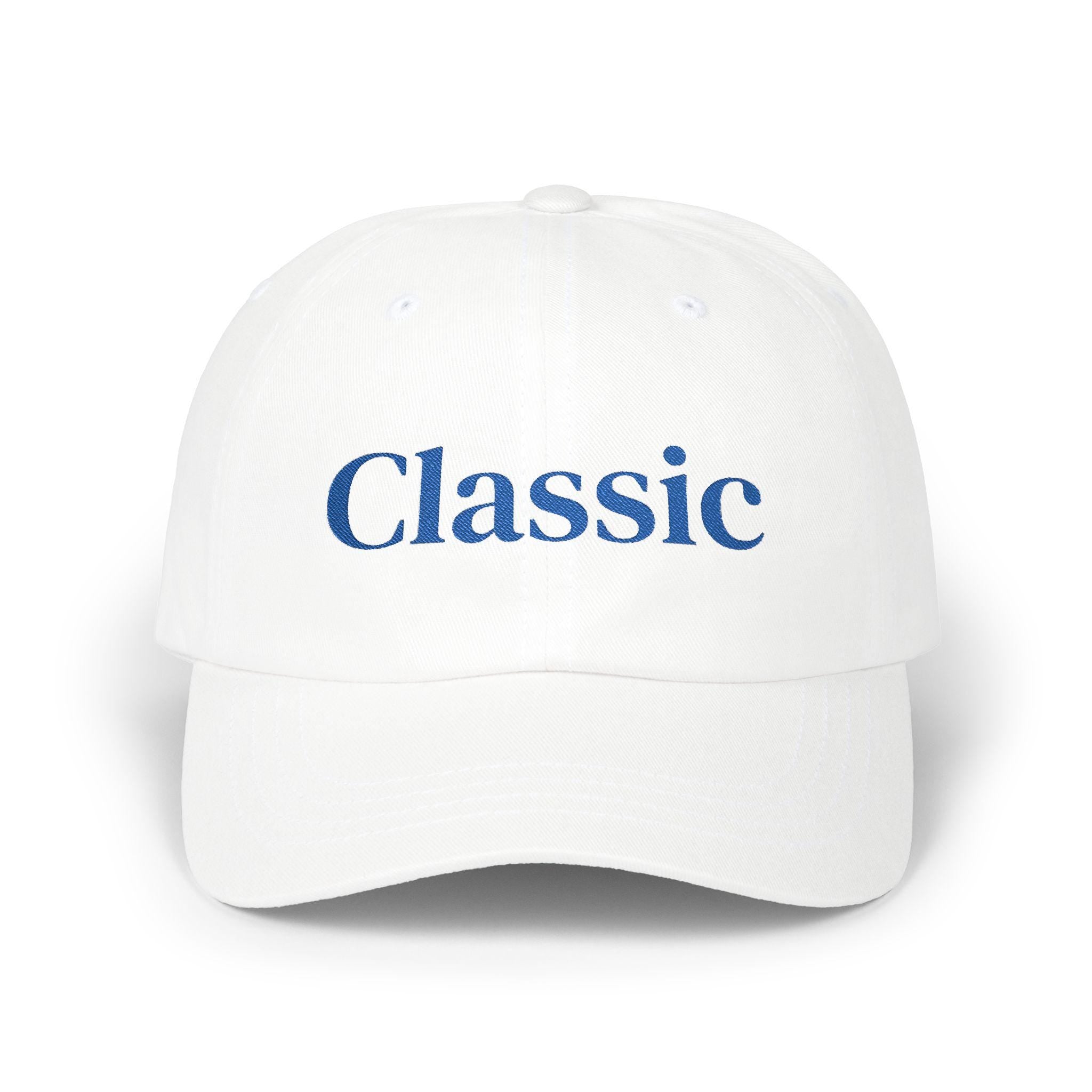 Classic embroidered script Dad Cap | white baseball hat, blue lettering