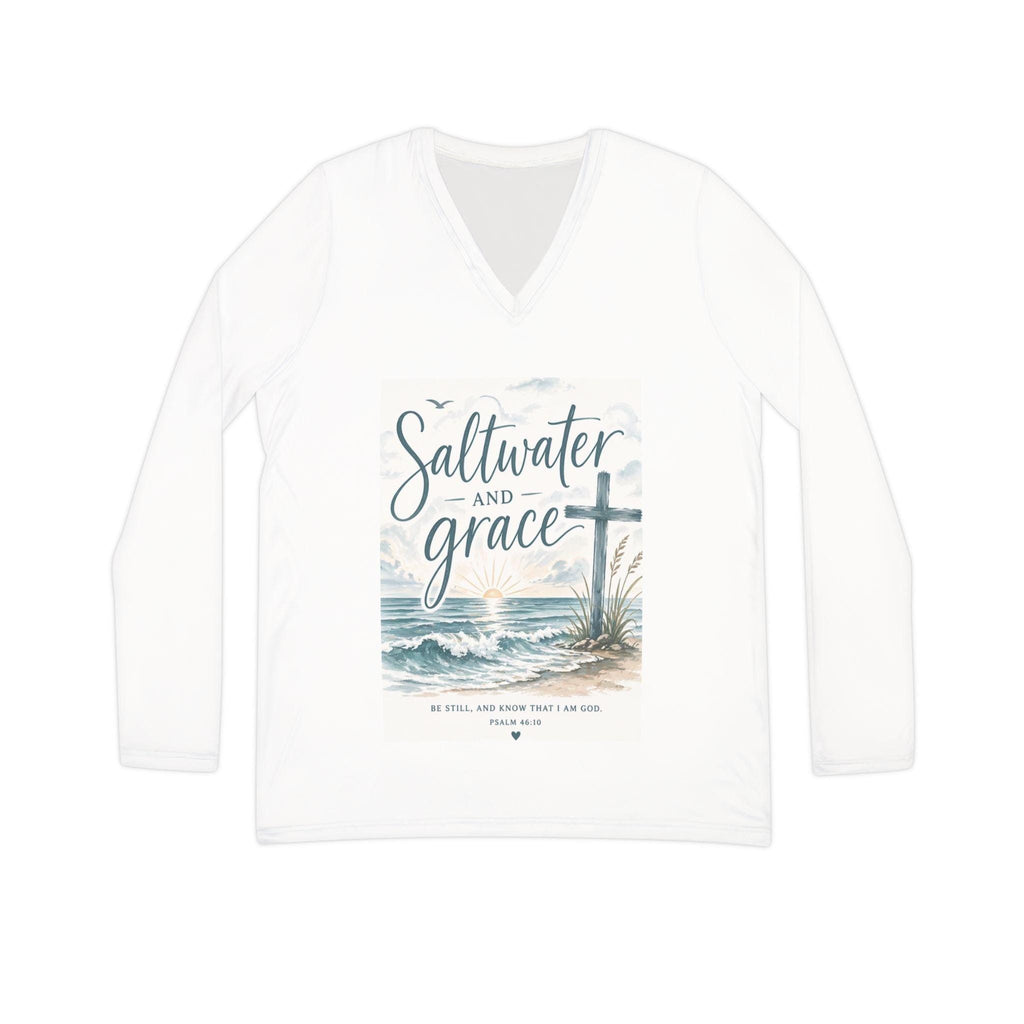 Saltwater and Grace cross beach design Long Sleeve V-neck Shirt | Christian coastal tee