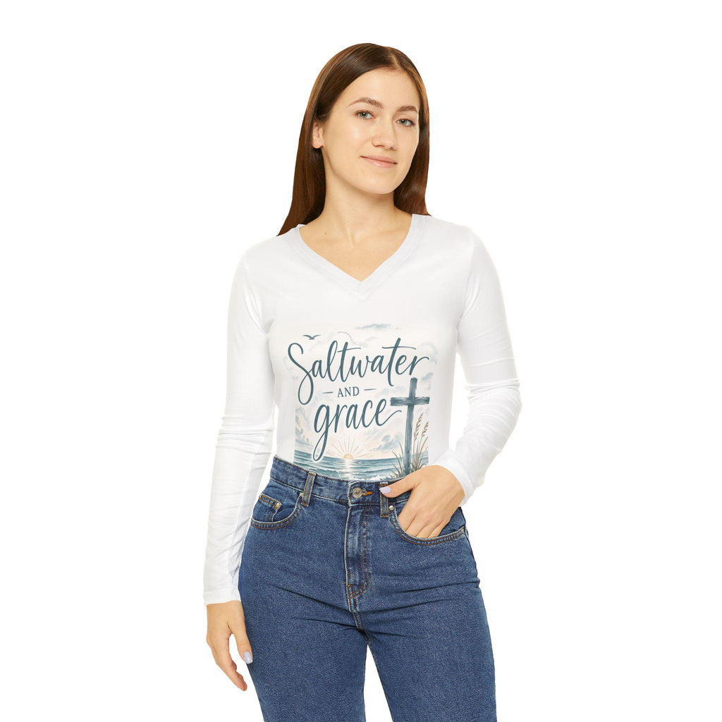 Saltwater and Grace cross beach design Long Sleeve V-neck Shirt | Christian coastal tee