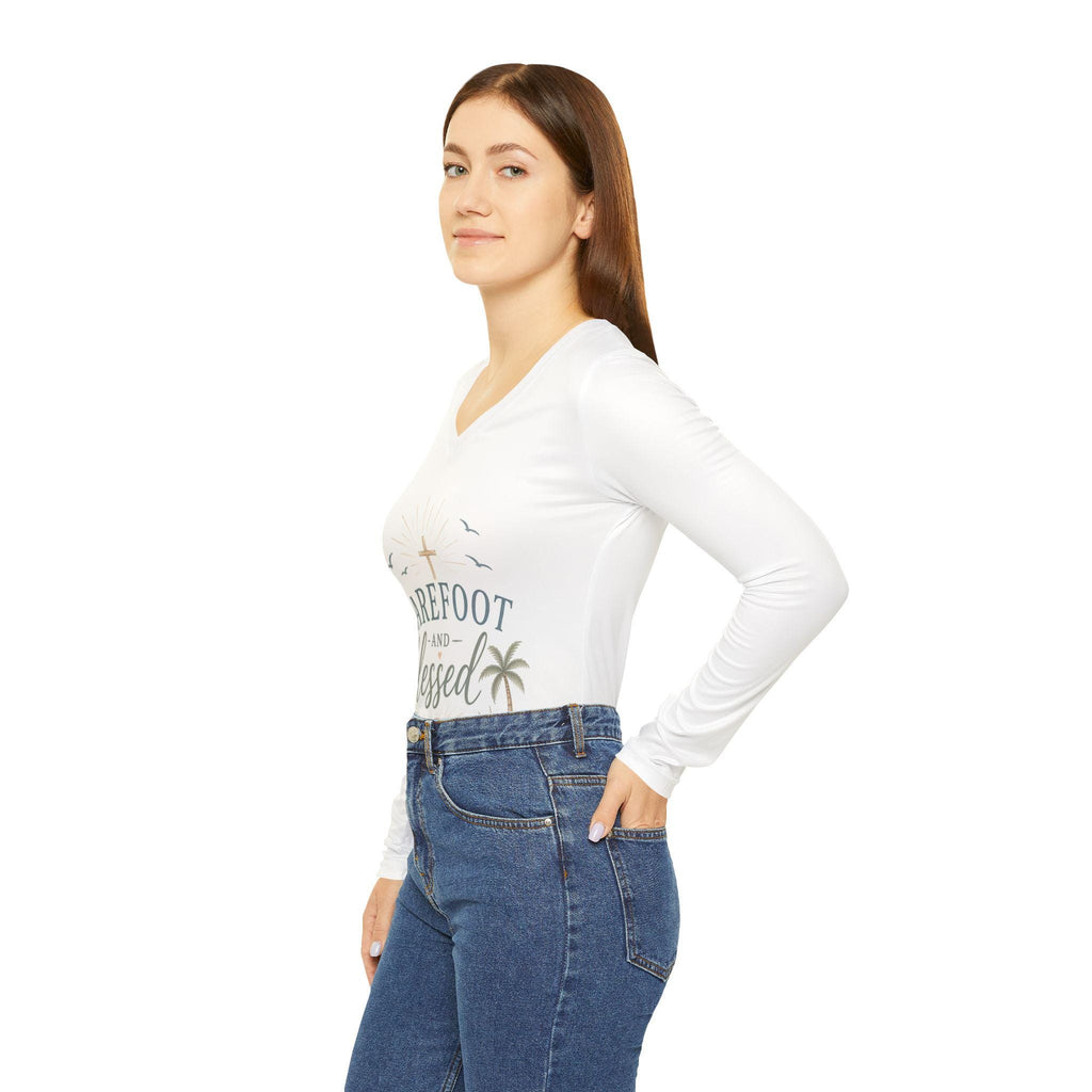 Barefoot and Blessed beach scene V-neck long sleeve shirt | coastal cross palm seashells