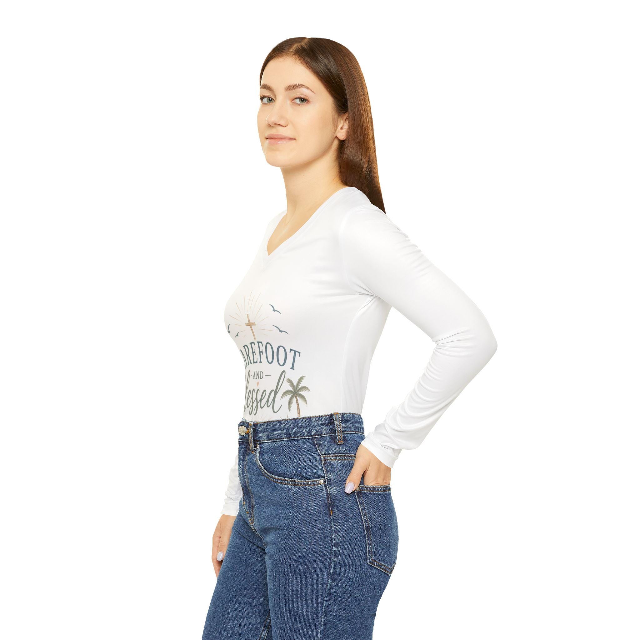 Barefoot and Blessed beach scene V-neck long sleeve shirt | coastal cross palm seashells