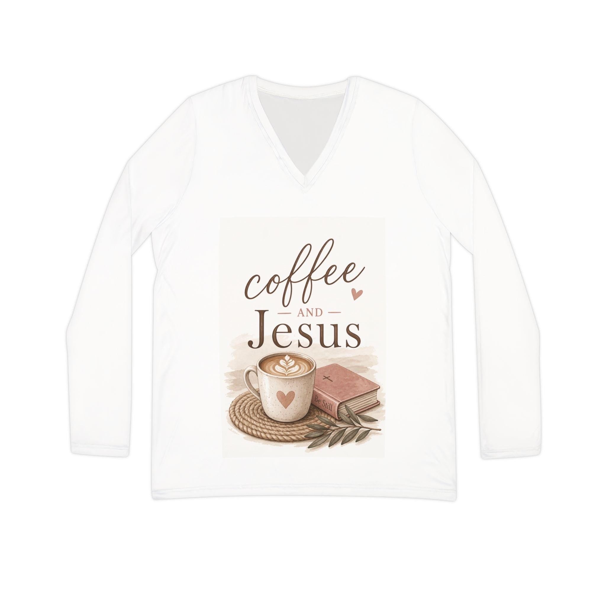 Coffee and Jesus long sleeve V-neck shirt | Christian coffee tee