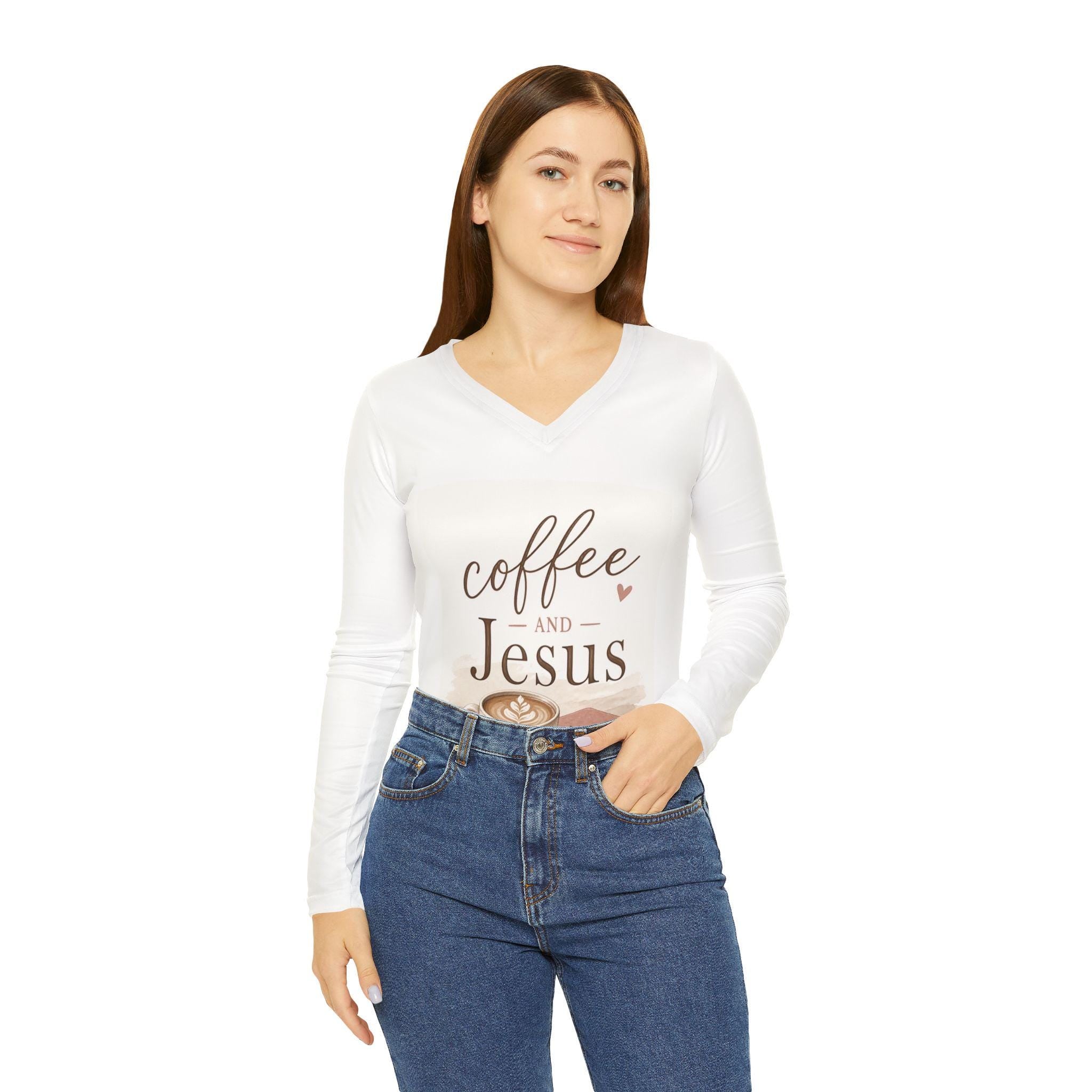 Coffee and Jesus long sleeve V-neck shirt | Christian coffee tee