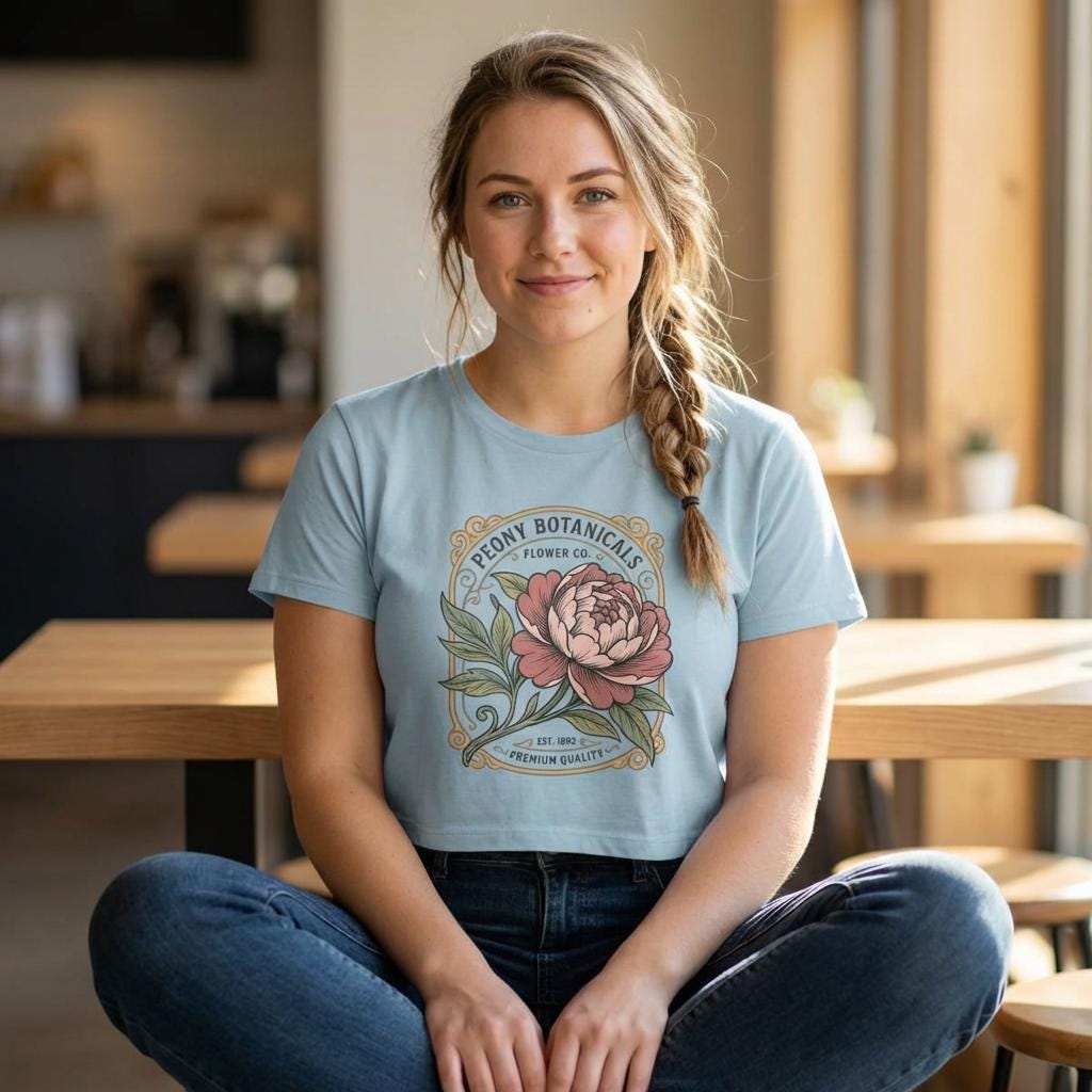 Peony Botanicals floral illustration Crop Top | Vintage flower label tee