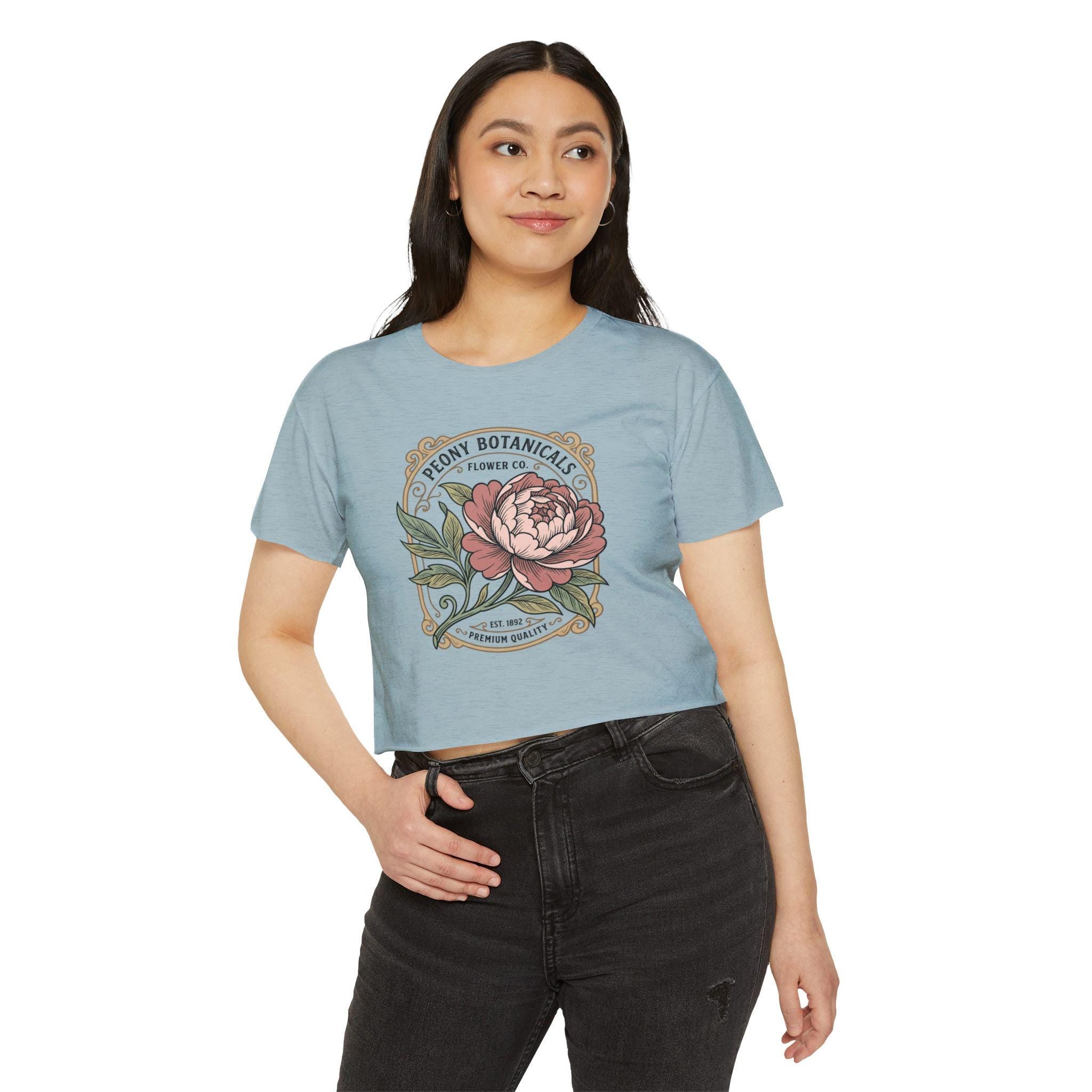 Peony Botanicals floral illustration Crop Top | Vintage flower label tee