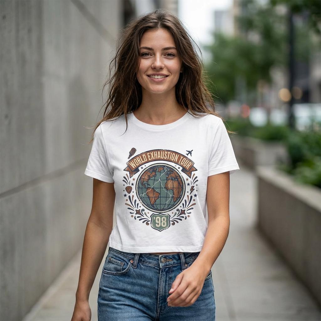 World Exhaustion Tour globe graphic Tee | Women's Baby Tee