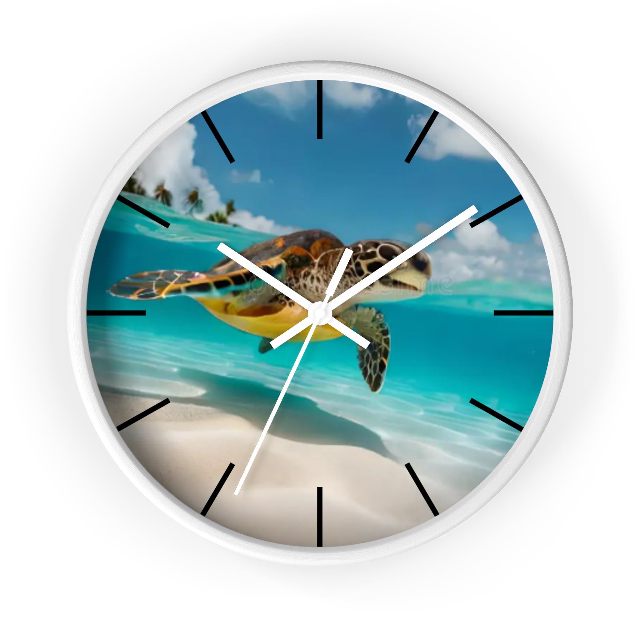 Sea Turtle Beach Scene Wall Clock, Tropical Ocean Coastal Decor, Silent Mechanism