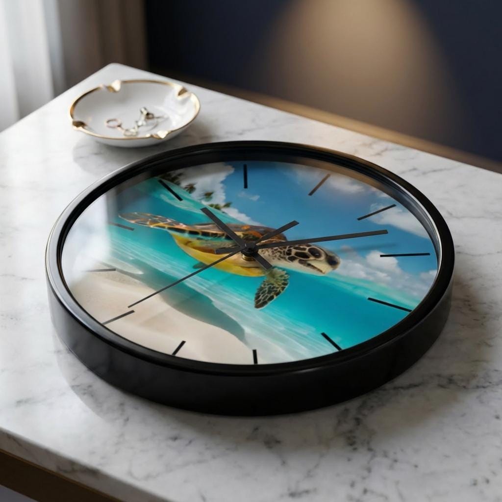 Sea Turtle Beach Scene Wall Clock, Tropical Ocean Coastal Decor, Silent Mechanism