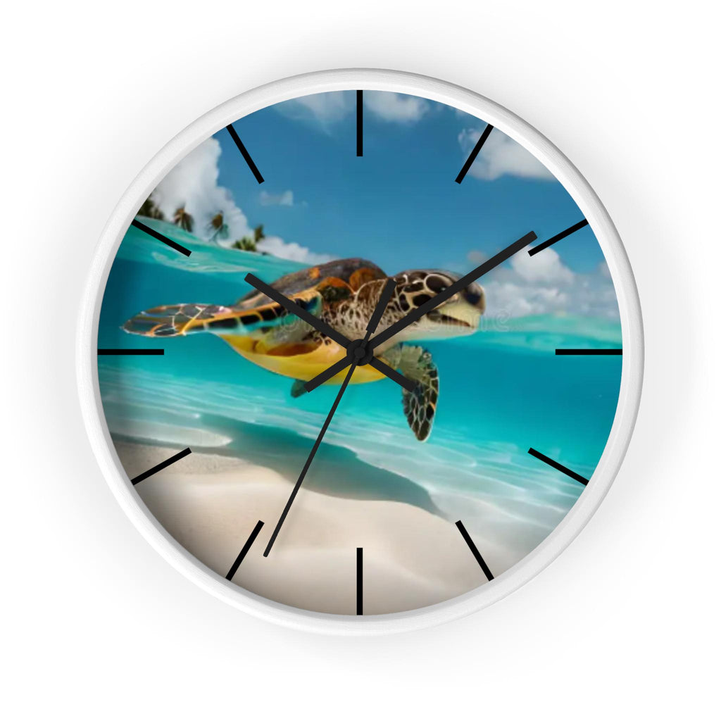 Sea Turtle Beach Scene Wall Clock, Tropical Ocean Coastal Decor, Silent Mechanism