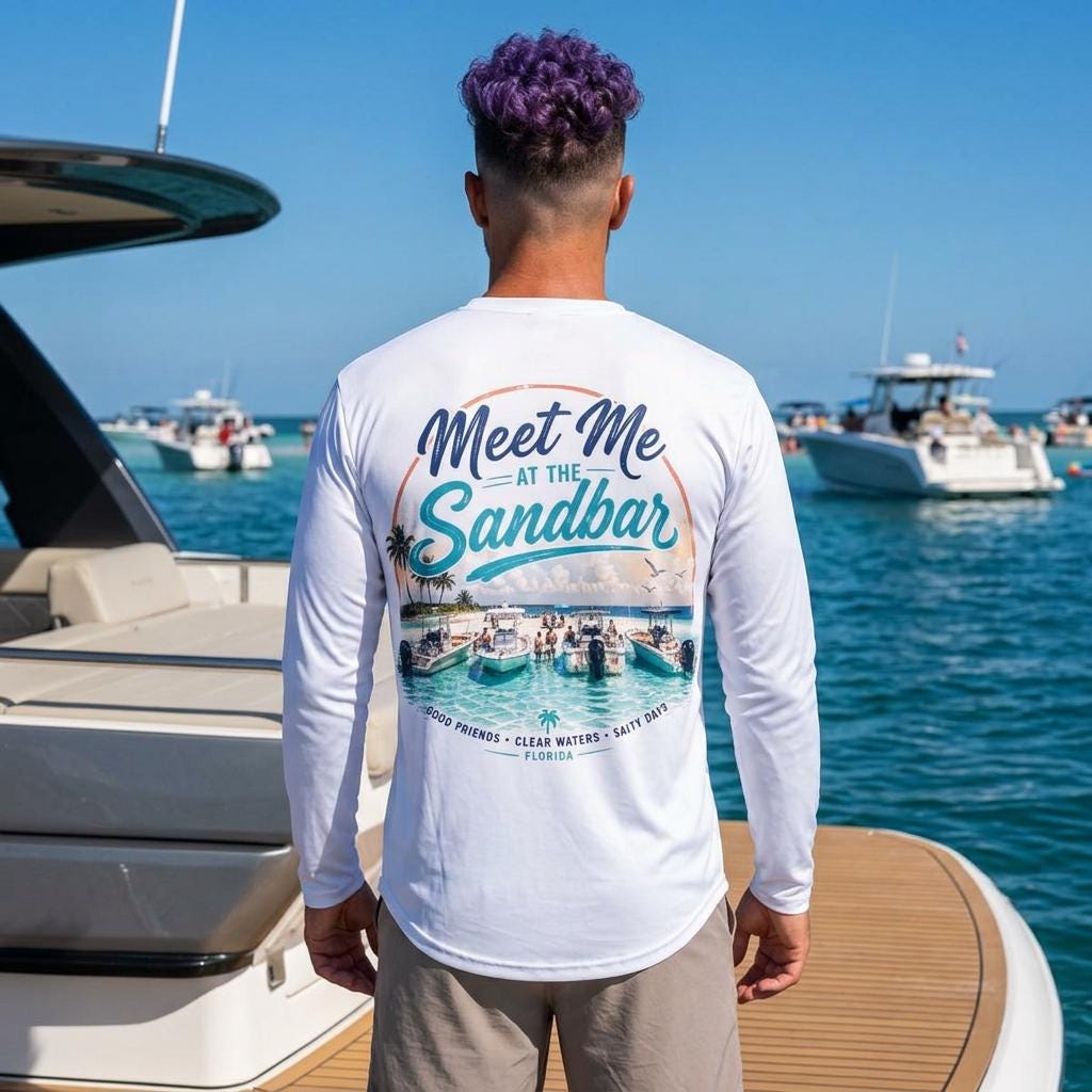 Meet Me at the Sandbar Long Sleeve Shirt | Beach Scene, Tropical Bar