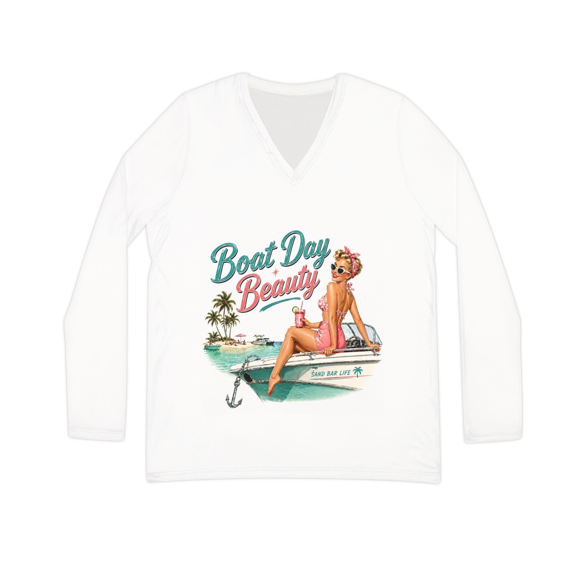 Boat Day Beauty V-neck Long Sleeve Shirt | Pinup Girl Beach Boat Design