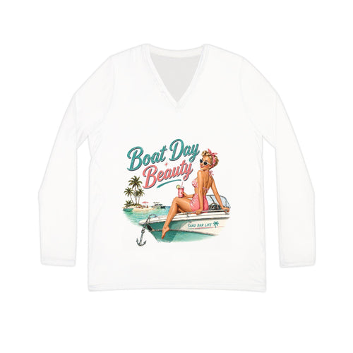 Boat Day Beauty V-neck Long Sleeve Shirt | Pinup Girl Beach Boat Design