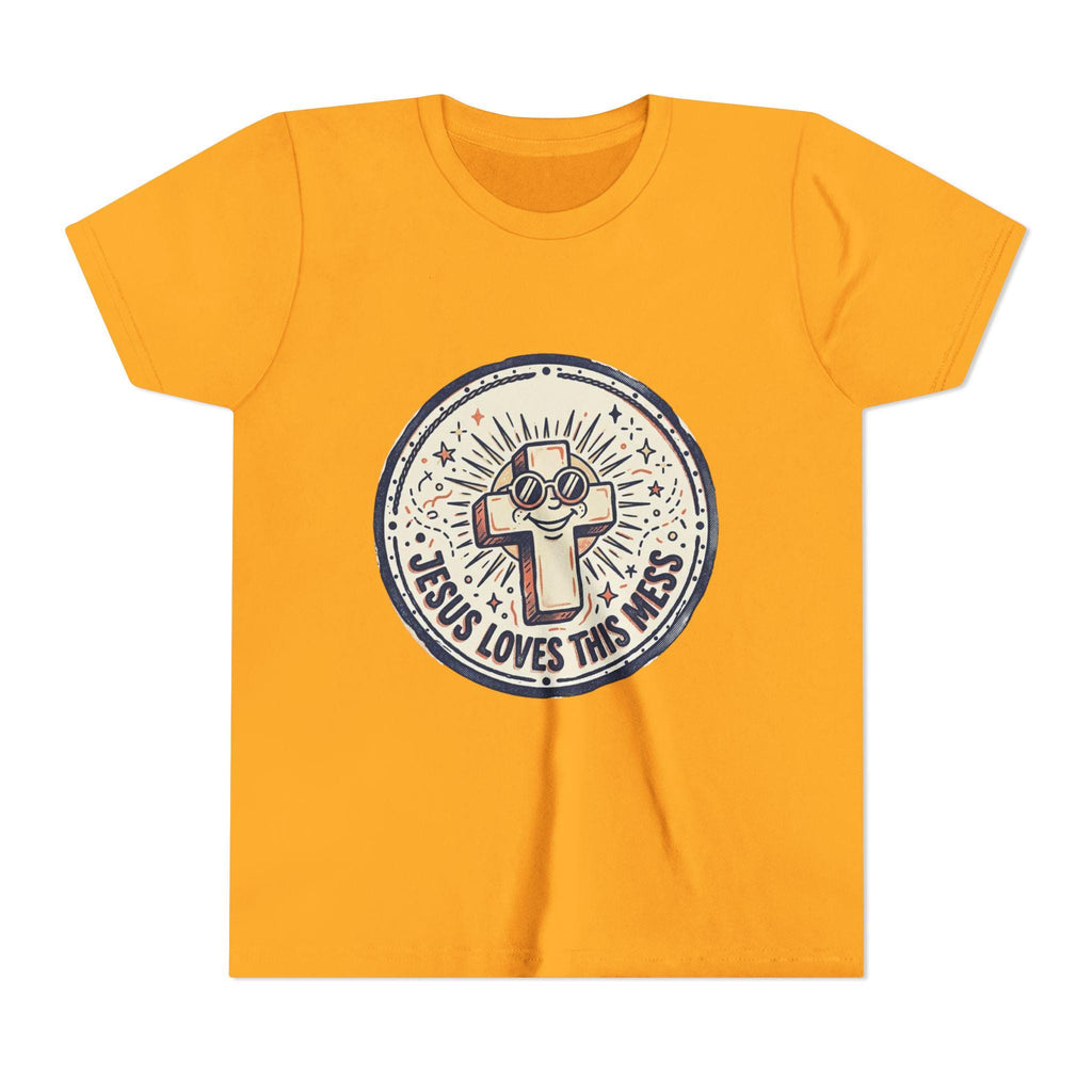 Jesus Loves This Mess Youth Tee | Cute Cross Character, Retro Sunburst