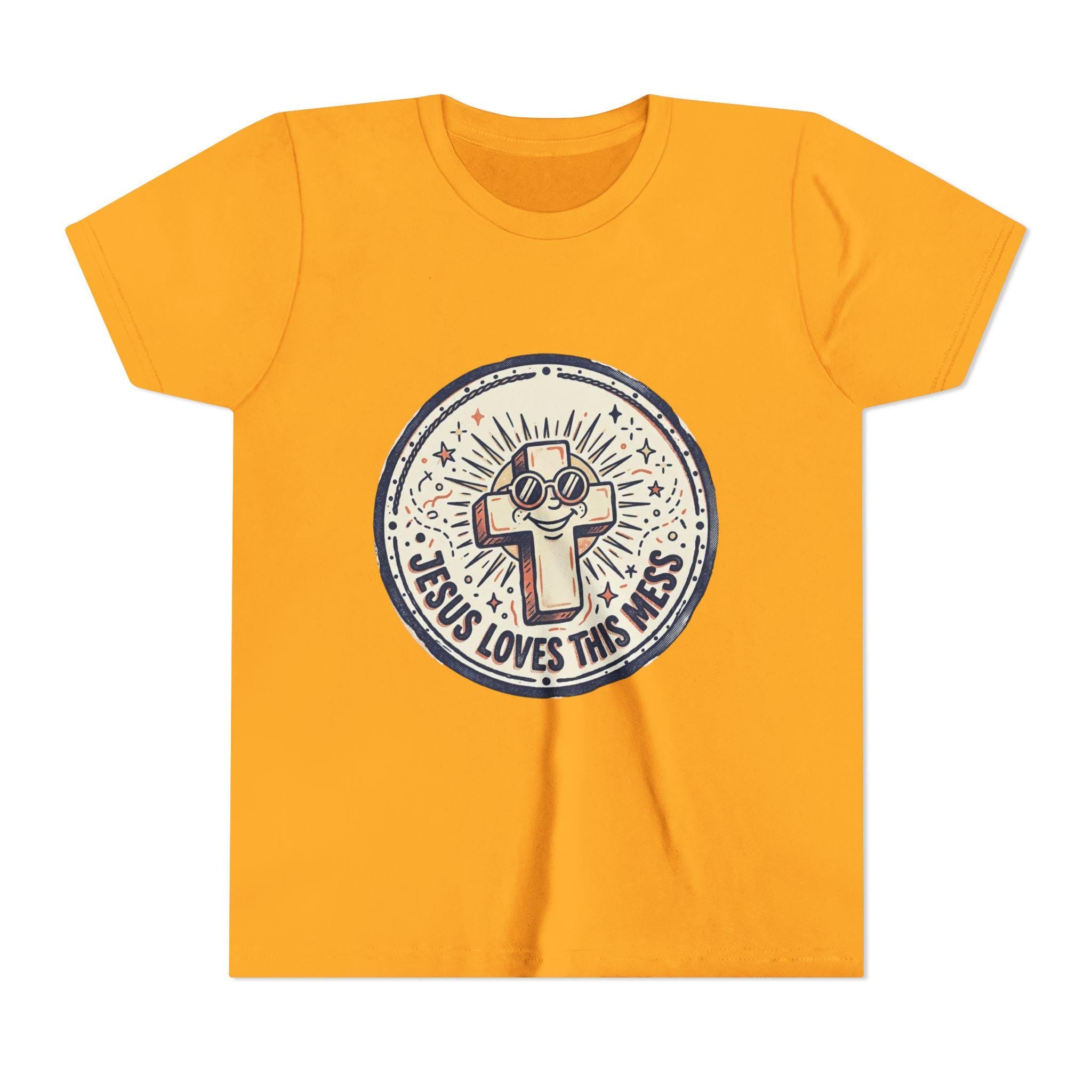 Jesus Loves This Mess Youth Tee | Cute Cross Character, Retro Sunburst