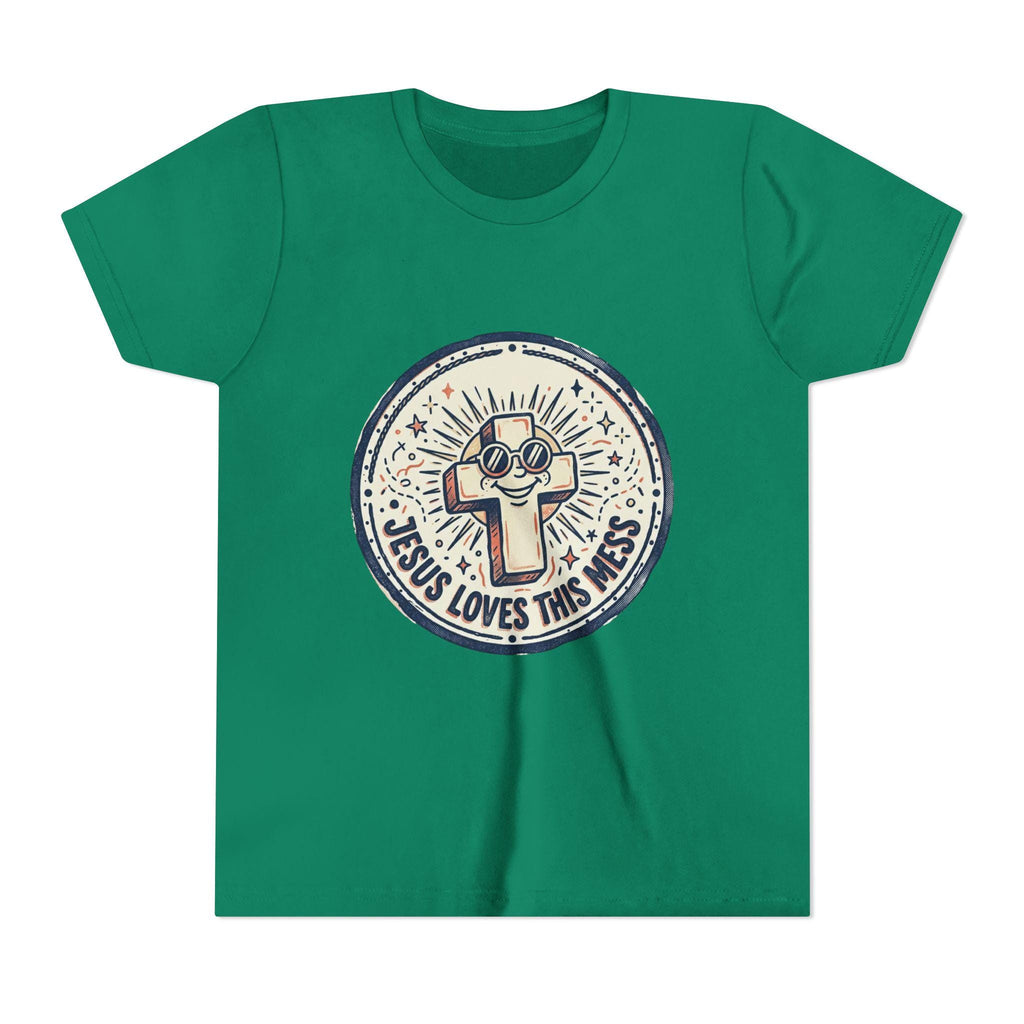 Jesus Loves This Mess Youth Tee | Cute Cross Character, Retro Sunburst