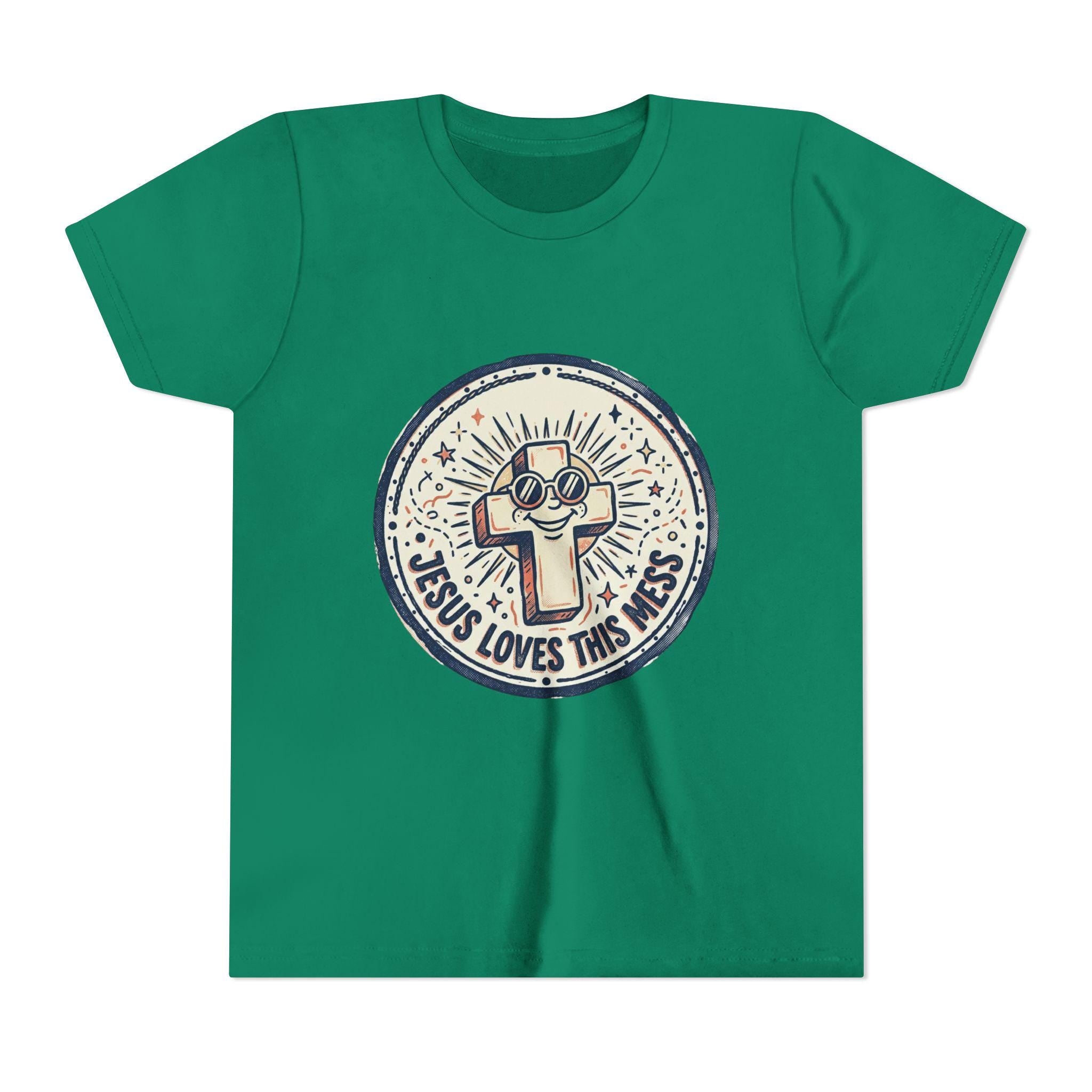 Jesus Loves This Mess Youth Tee | Cute Cross Character, Retro Sunburst