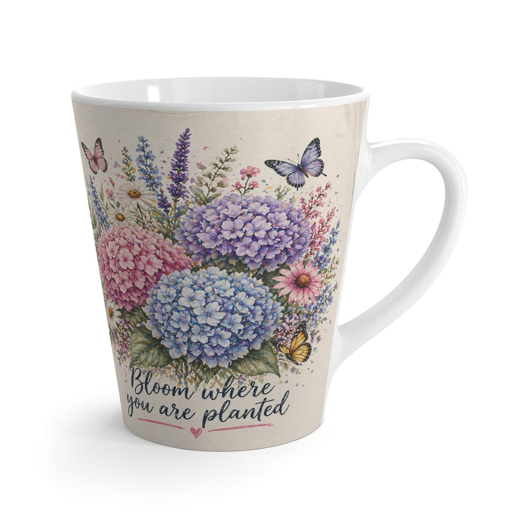 Bloom Where You Are Planted Latte Mug | Hydrangea Bouquet, Butterflies