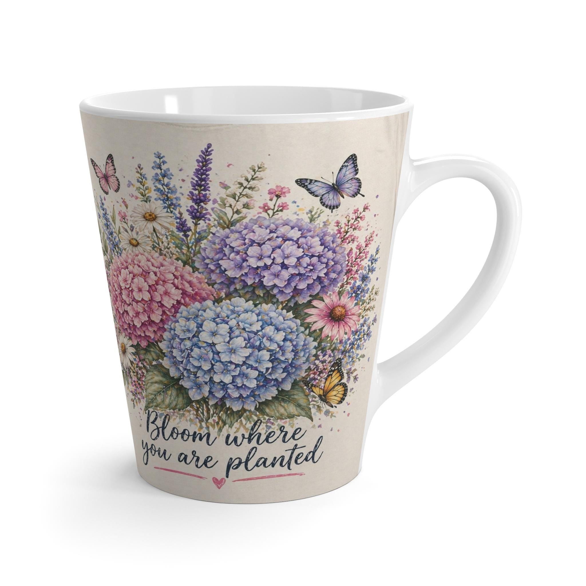 Bloom Where You Are Planted Latte Mug | Hydrangea Bouquet, Butterflies