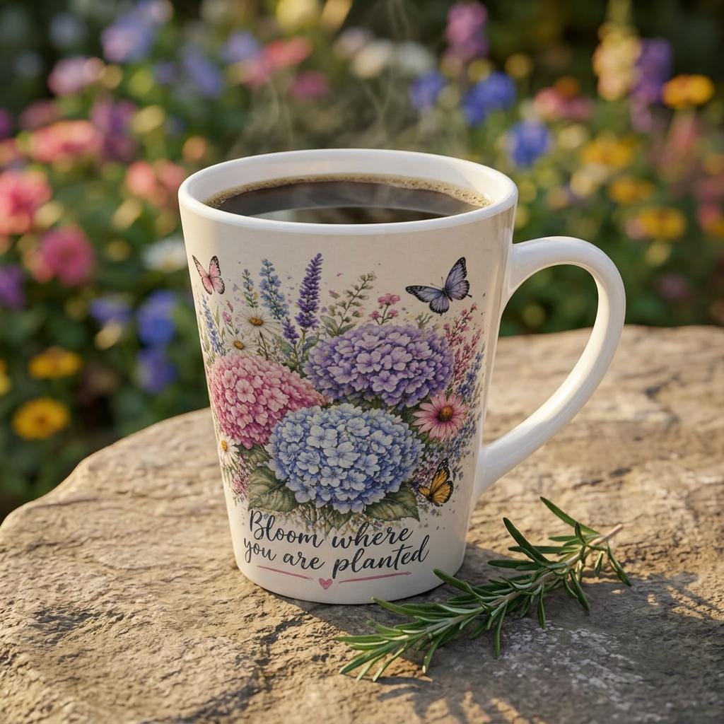 Bloom Where You Are Planted Latte Mug | Hydrangea Bouquet, Butterflies