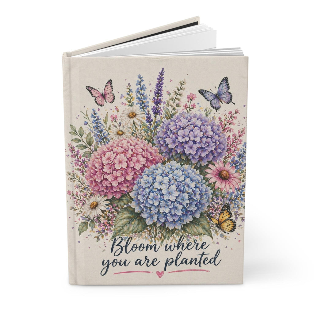 Bloom where you are planted Hardcover Journal | Floral hydrangea bouquet, butterflies